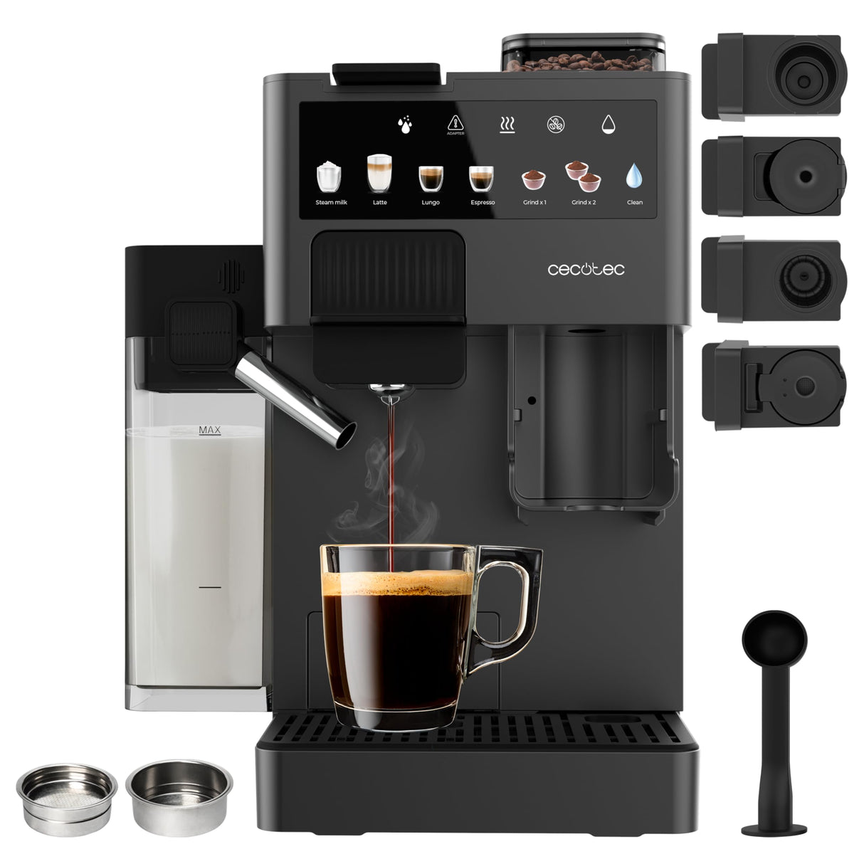 Cecotec Cafetera de Cápsula Freestyle Grind & Latte. 1400W, 20Bares, Multicápsulas, Café Grano 40g, Molinillo Cónico, 1.6L Depósito Agua, 300ml Leche, Thermoblock, Pantalla Táctil, Limpieza Automática