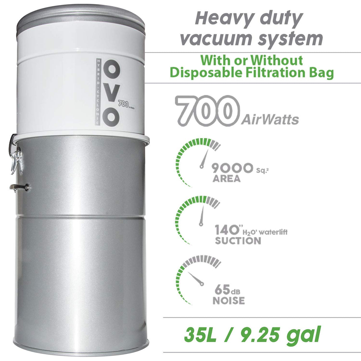OVO 700 Airwatts-Sistema de vacío Central de Alta Resistencia, filtración híbrida (con o sin Bolsas Desechables) Cubo de Polvo de Carga Inferior de 35 L o 9.25 galones, Blanco