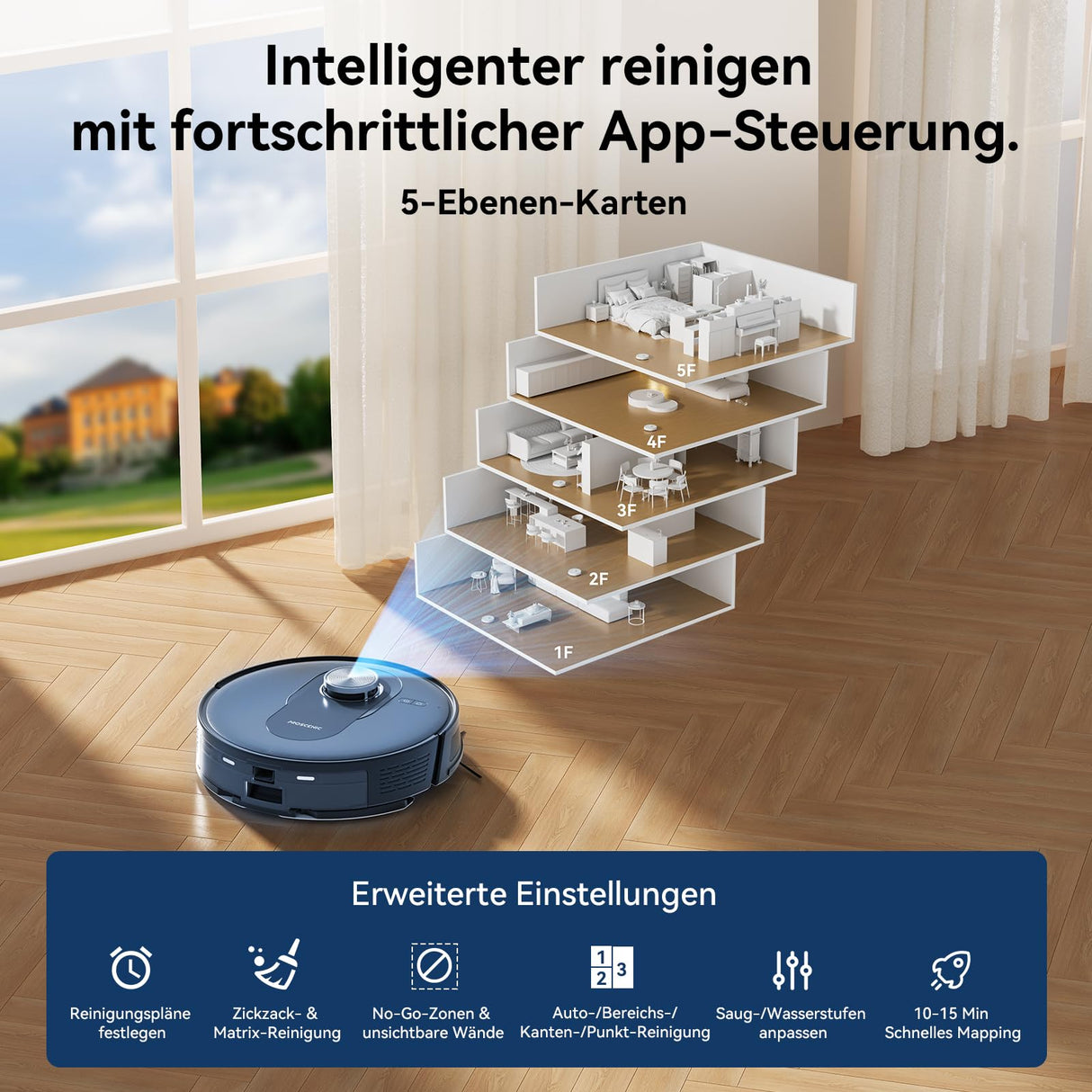 Proscenic Q8 Robot Aspirador con función de Limpieza, 4200 Pa, 200 min, Potente Robot de navegación láser con 5 Tarjetas, Control Mediante aplicación Alexa Siri IFTTT, para Suelos, alfombras, Pelo de