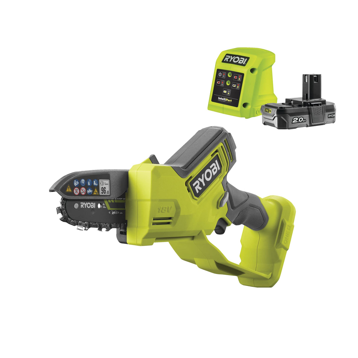 RYOBI - Motosierra de Mano Brushless 18V ONE+ - Barra 10 cm - Herramienta Compacta de Poda de Ramas - Tensor de Cadena sin Herramientas - Ambidiestro - BaterÃa 2,0 Ah y Cargador 1,5 A - RY18PSX10A-120