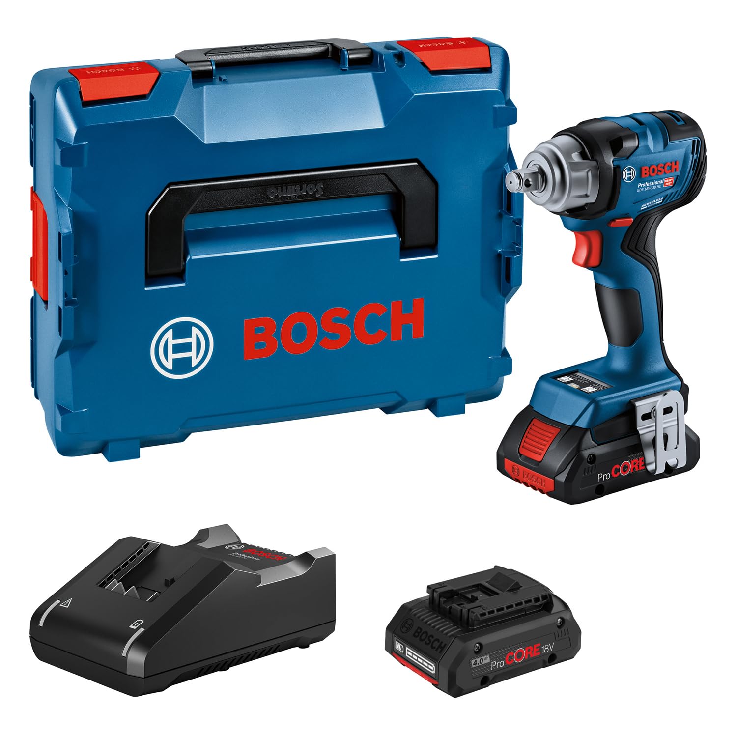 Bosch Professional 18V System atornillador de impacto a batería GDS 18V-330 HC(par apriete 330 Nm y par arranque 560 Nm,2 bat ProCORE de 4,0Ah, cargador,1 módulo Bluetooth,L-BOXX)