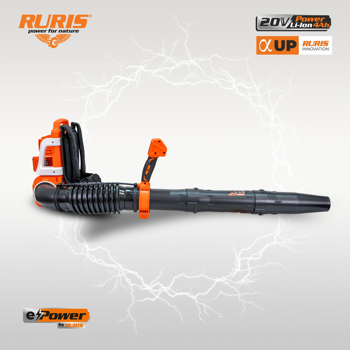 RURIS - Soplador de Espalda inalámbrico 1284e 4 velocidades + Modo Turbo, Velocidad 70 m/s, Volumen 1100 m³/h, Tubo telescópico, arnés y 2 baterías de Litio de 20 V + Cargador Incluido