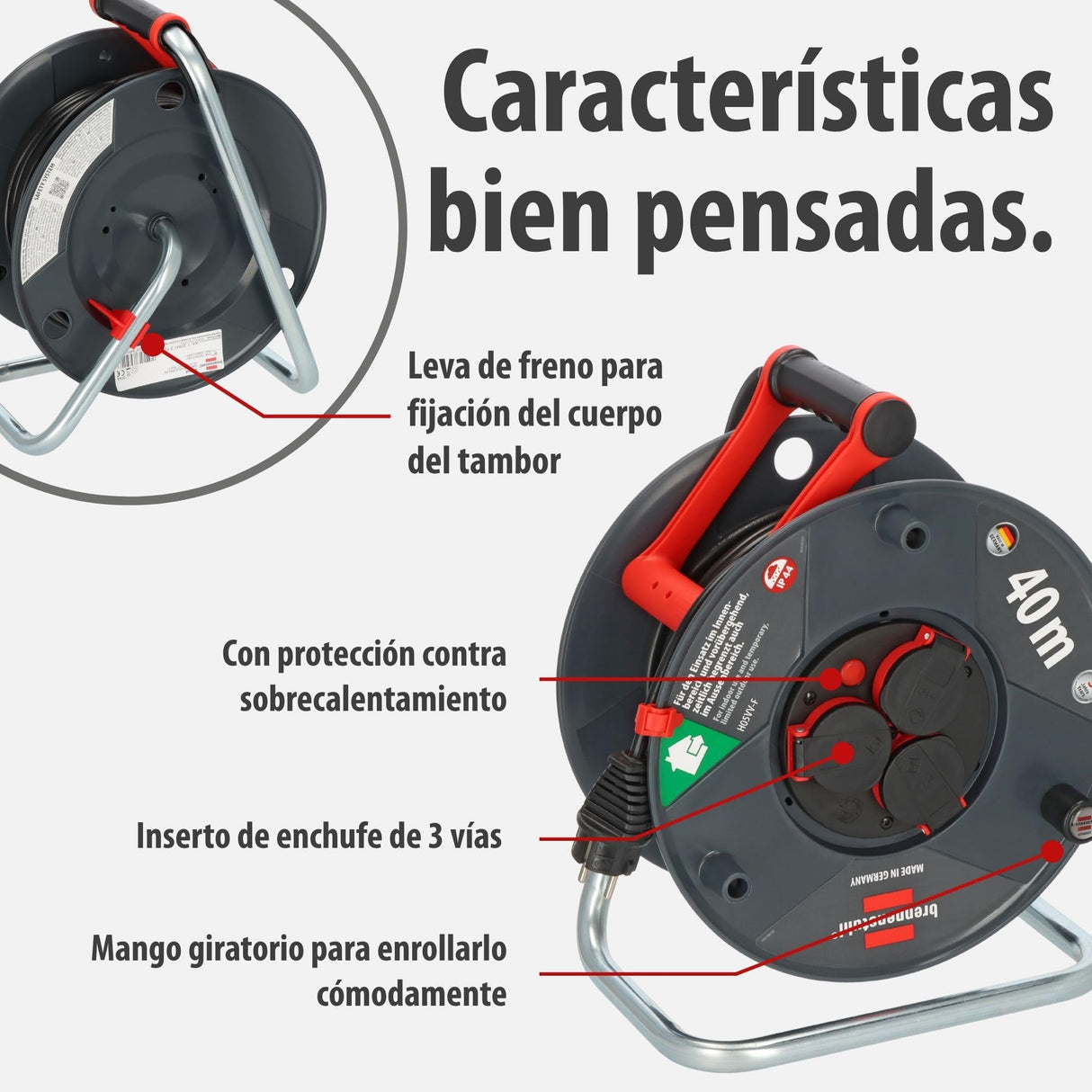 Brennenstuhl Enrollacables Garant V2 IP44 40m exterior (Made in Germany, 3 tomas de corriente con contacto de puesta a tierra, plástico especial)