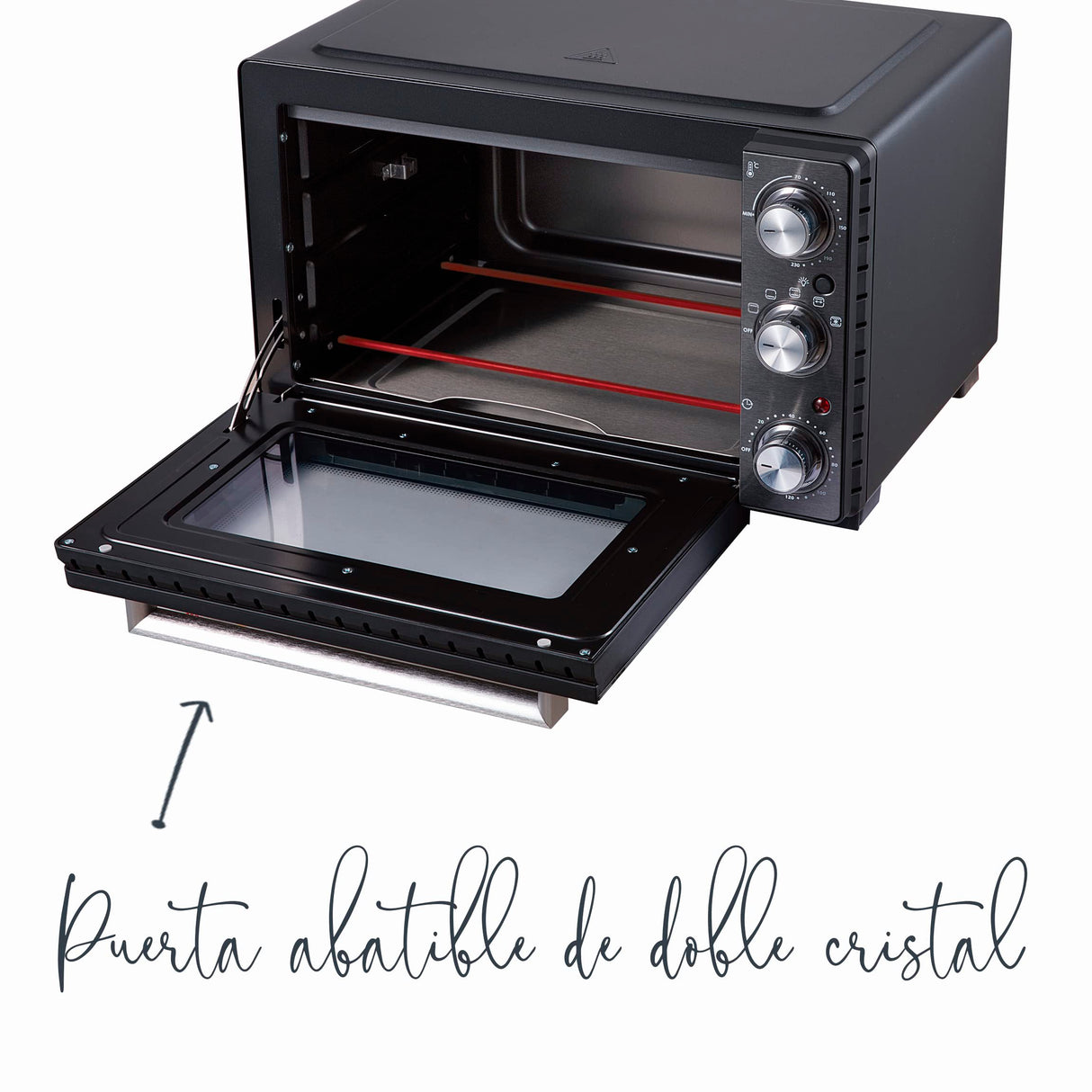 Lacor - 69347 - Horno Eléctrico Sobremesa, Horno Pequeño Cocina, Convección con Carcasa de Acero, Temperatura: 70ºC-230ºC, 54x34,5x41 cm, Capacidad: 35 L, Negro