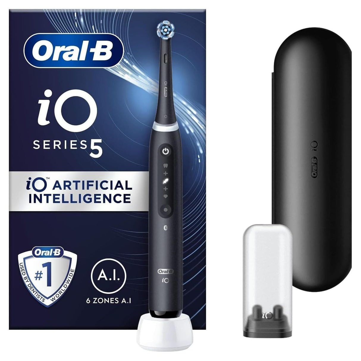 Oral-B iO5 - Cepillos de dientes eléctricos para adultos, 1 cabezal de cepillo de dientes y estuche de viaje, 5 modos con blanqueamiento de dientes, enchufe británico de 2 pines, color negro