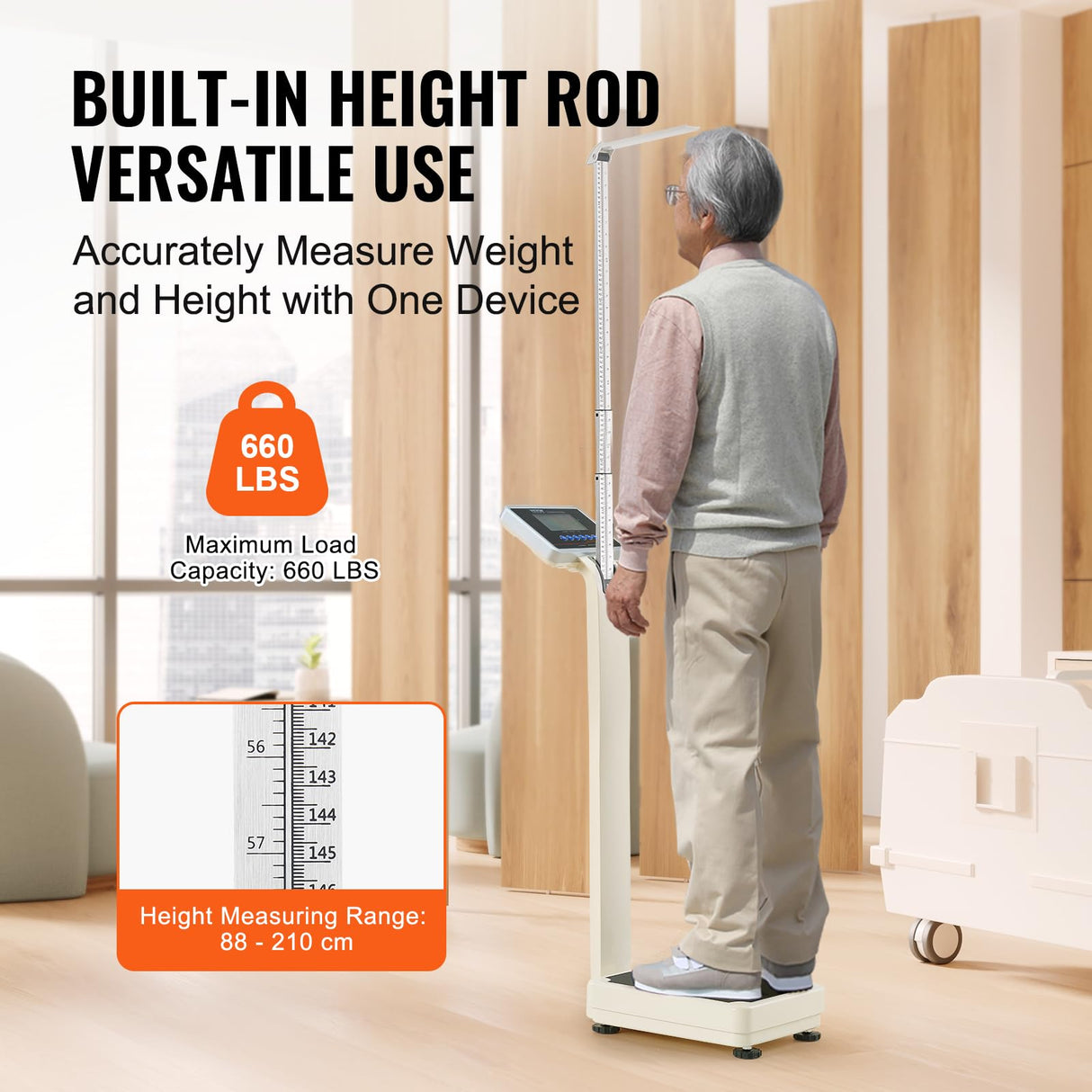 VEVOR Báscula Médica Digital Capacidad de 300 kg Báscula Corporal Médica Profesional y Multifuncional para Peso y Altura con 2 Unidades (kg/lb) IMC para Gimnasio, Hogar, Hospital