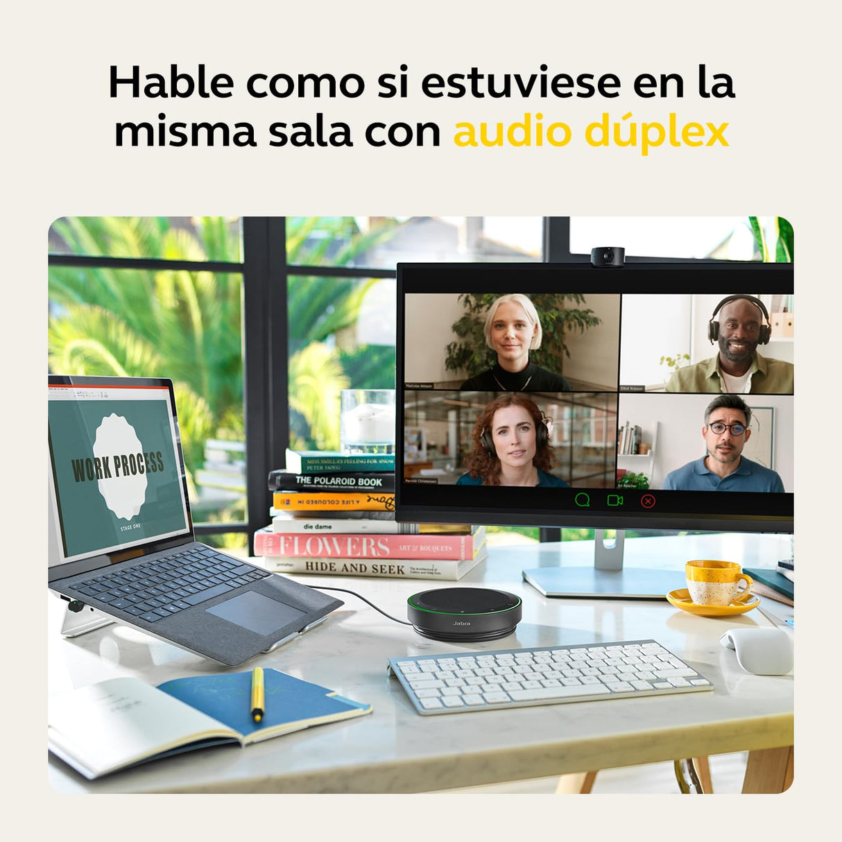Jabra Speak2 75 Altavoz inalámbrico Bluetooth para el Trabajo - 4 micrófonos con cancelación de Ruido, Altavoces de 65 mm - Nueva función de conexión, USB-C, Zoom y Google Meet - Gris Oscuro