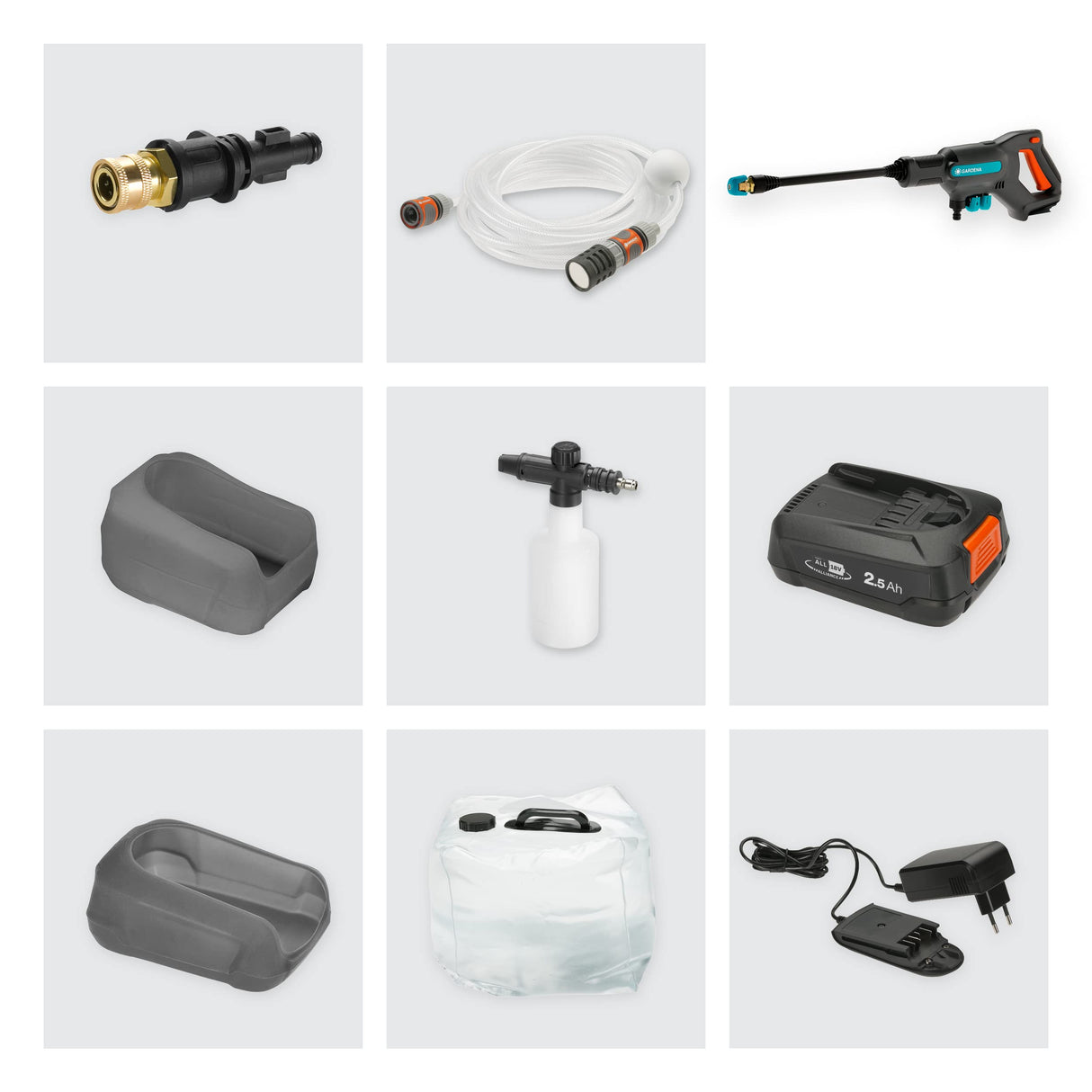 Gardena Set premium para limpiador inalámbrico de presión media AquaClean 24/18V P4A: limpiador inalámbrico equipamiento completo, 3 niveles, presión máx. 24 bar, con batería + cargador (14800-31)