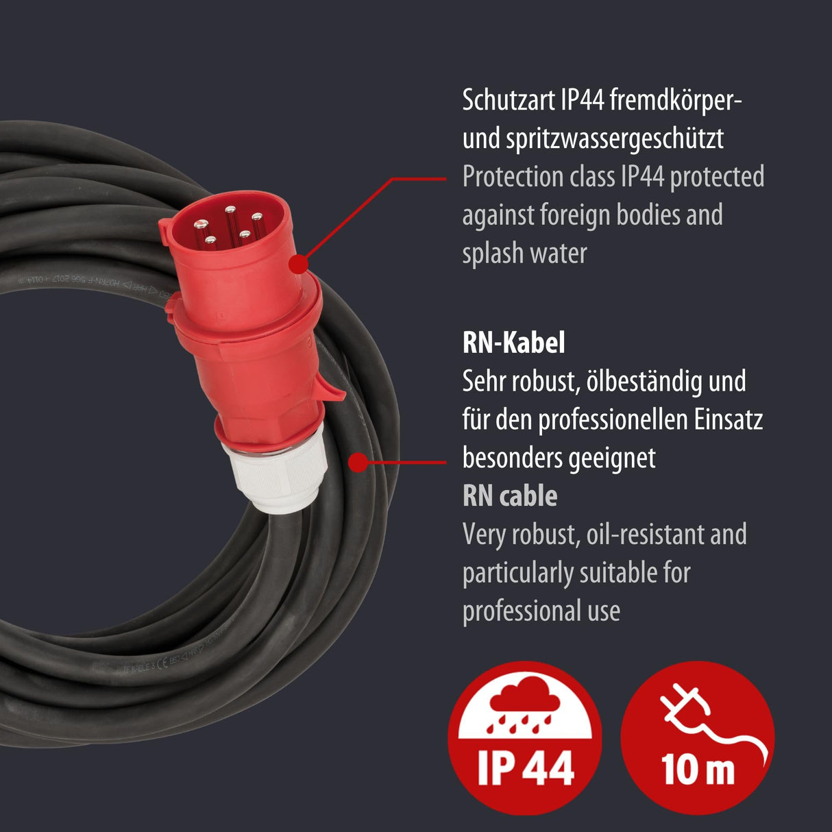 Brennenstuhl Professional Cable alargador CEE IP44 (Cable de 10m, Enchufe y Acoplamiento CEE, CEE 400V/63A, para Obras y Trabajo con Alta tensión, Fabricado en Alemania)