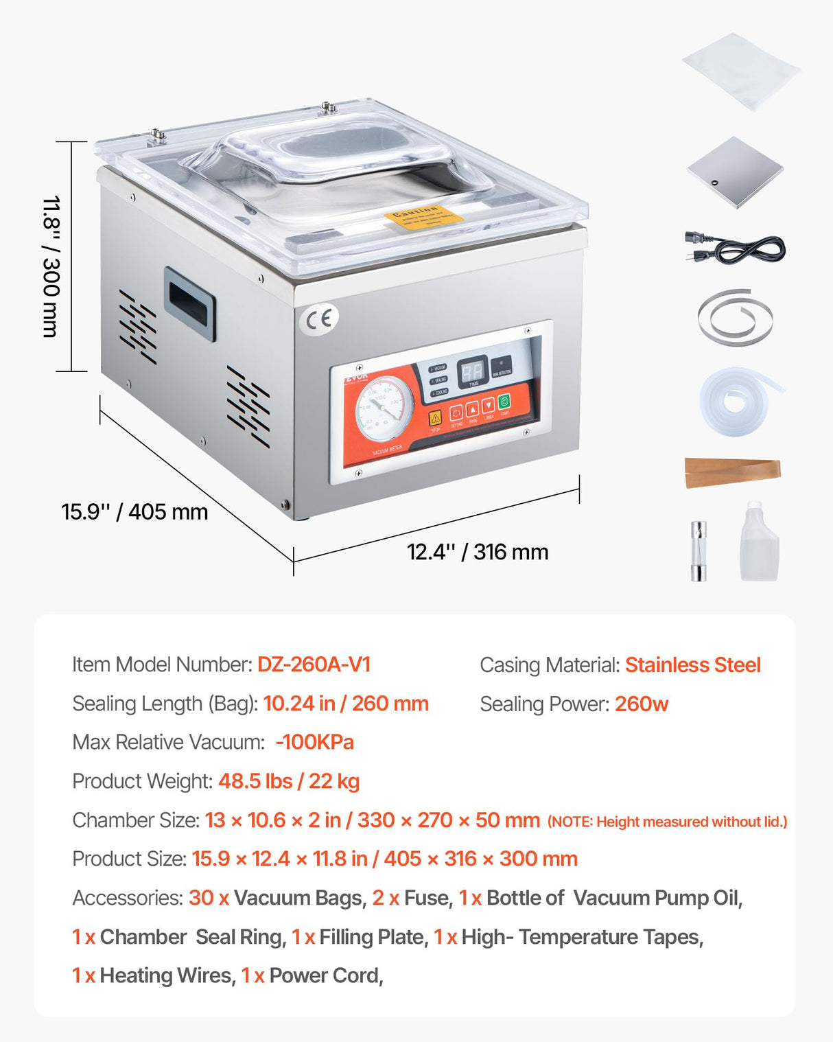 VEVOR Sellador al Vacío, 180W de Potencia de Motor y 260W de Sellado, Máquina de Envasado a Vacío, Acero Inoxidable, Máquina Selladora de Cámara, 33x25cm de Máx. Tamaño de Sellado, Hogar, Supermercado