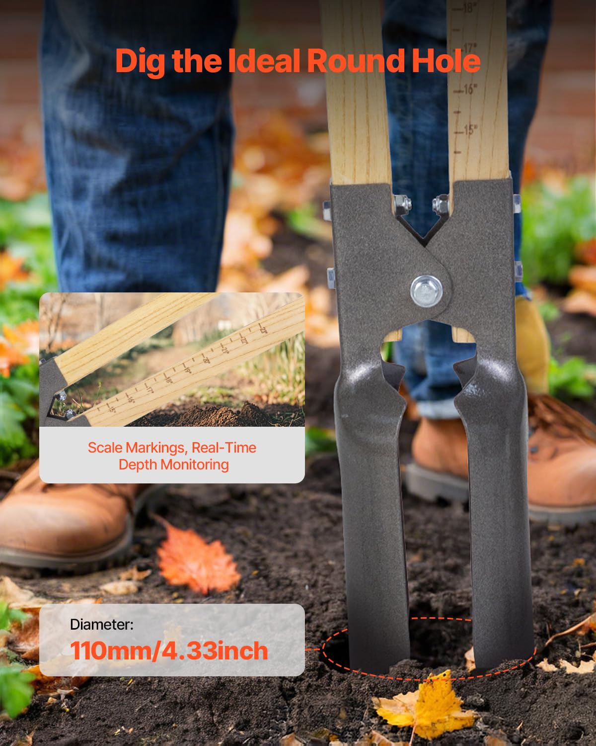 VEVOR Excavadora de Agujeros Manual para Postes Resistente con Mango de Madera de 1460 mm, Marcas de Escala y Hoja de Metal, Herramienta para Excavar Agujeros para Trabajo de Jardinería Al Aire Libre