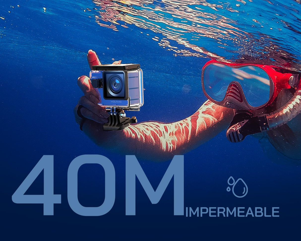 WOLFANG GA300 Cámara Acción 4K, Submarina 40m Impermeable con Tarjeta 32GB, WiFi 60FPS 24MP, Zoom 8X + Gran Angular 170° EIS, Mando 2.4G, Pantalla Táctil, 2 Baterías 1350mAh