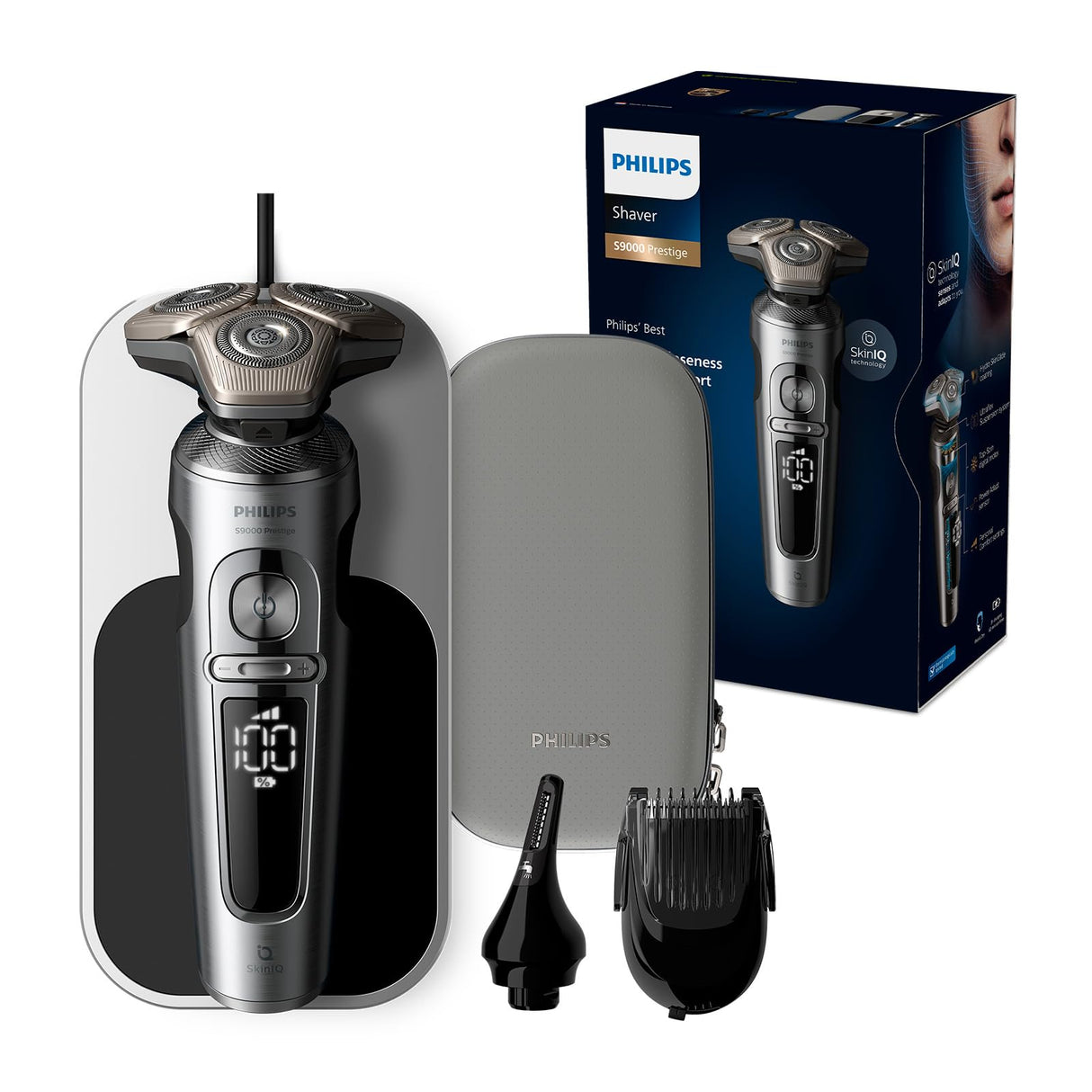 Philips Shaver Series 9000 Prestige, afeitadora eléctrica húmeda y seca, cromo brillante, sistema de afeitado Lift & Cut, tecnología SkinIQ, almohadilla de carga Qi, estilizador de barba, recortador