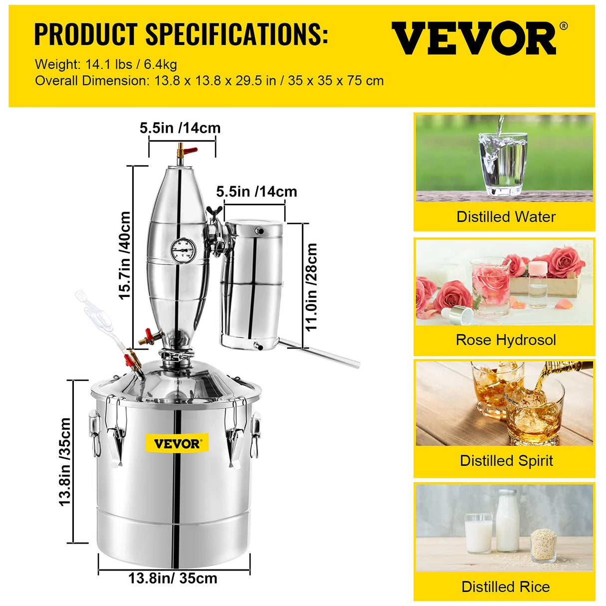 VEVOR Destilador de Alcohol 30 L Alambique Destilación Alcohol de Acero Inoxidable 304 Destilador Moonshine 0-150 ℃ Destilador de Bebida para la Elaboración Casera de Vino Cerveza o Agua con Vinómetro