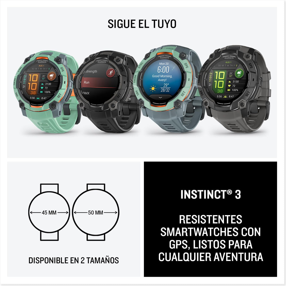 Garmin Instinct 3, Reloj inteligente con GPS, Pantalla AMOLED de 50 mm, Resistente al agua, Aplicaciones deportivas integradas, Monitorización de la salud, Linterna LED, Hasta 24 días autonomía, Verde