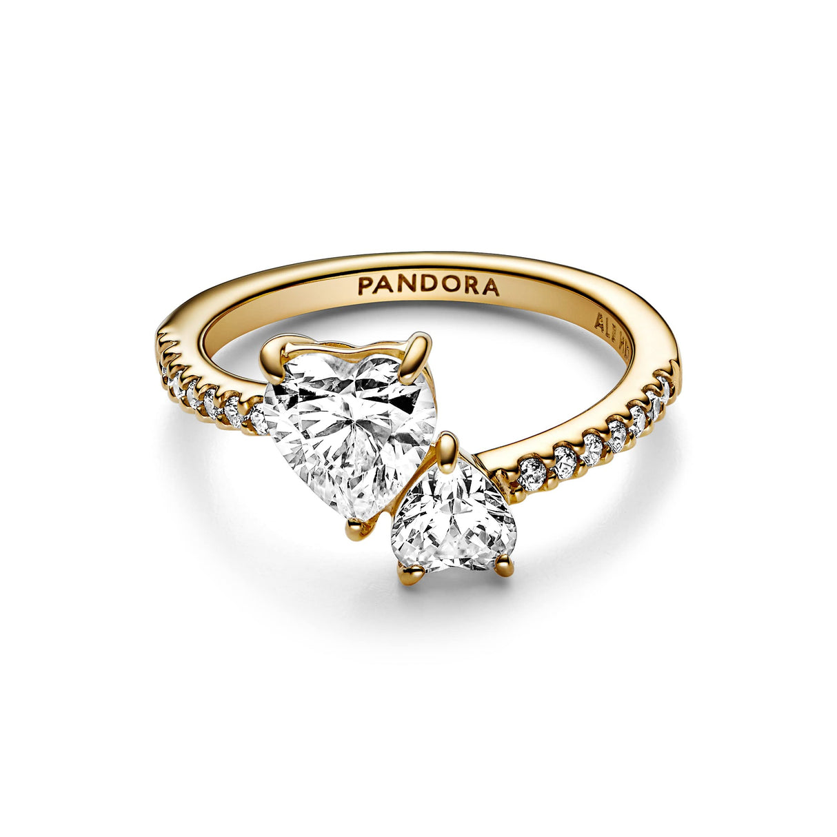 Pandora Timeless Anillo con diseño de corazón doble centelleante chapado en oro de 14 quilates con de circonitas cúbicas transparentes, talla 56