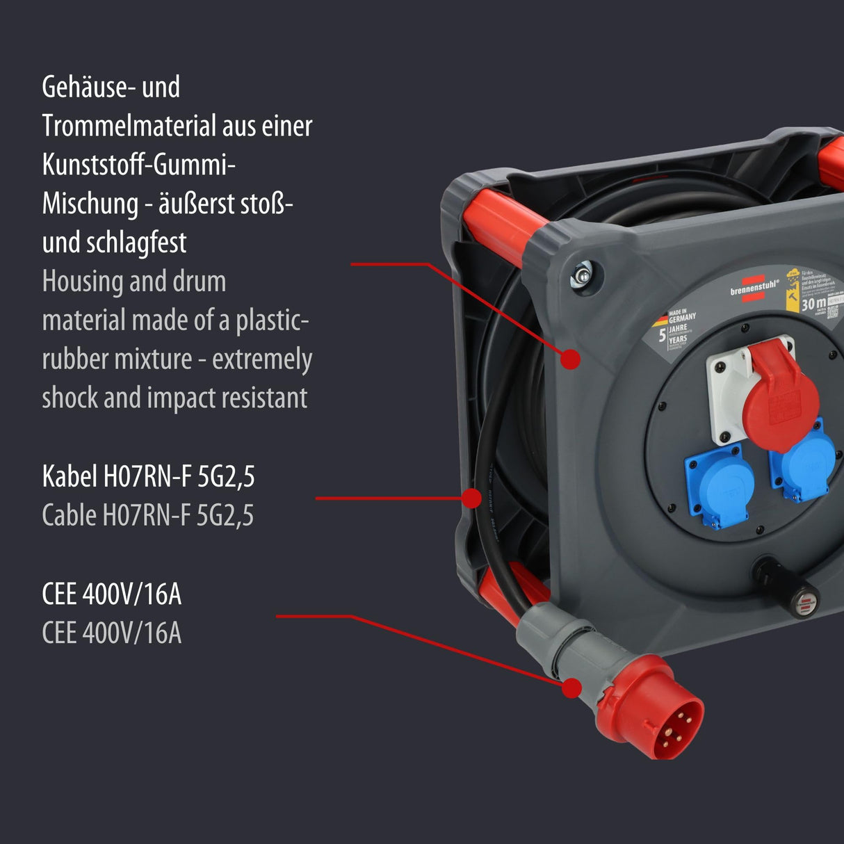 Brennenstuhl Carrete de Cable KD 3200 C1 Professional con Enchufe CEE, Enchufe CEE y 2 Tomas de Corriente con conexión a Tierra (Cable de 30 m en Negro, Uso en Exterior Permanente, Fabricado en