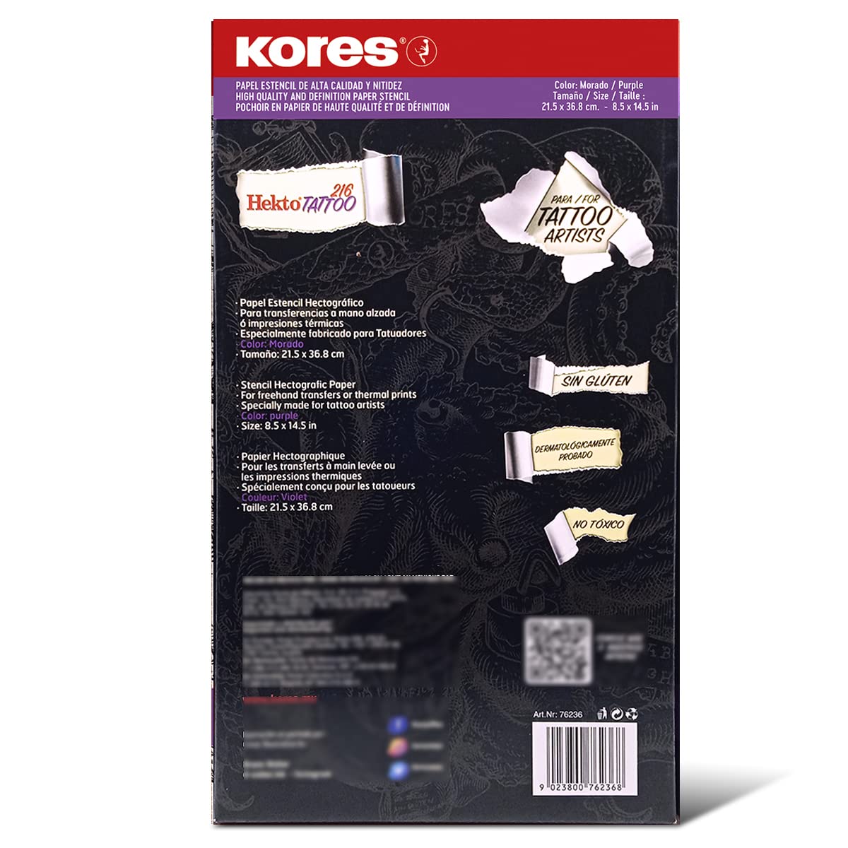 Kores - Papel de tatuaje - Hekto 216 - Papel de transferencia, plantilla con tinta morada para kit de tatuaje - No tóxico - Papel de plantilla de tatuaje - 21,5 x 36,8 cm - Caja de 100