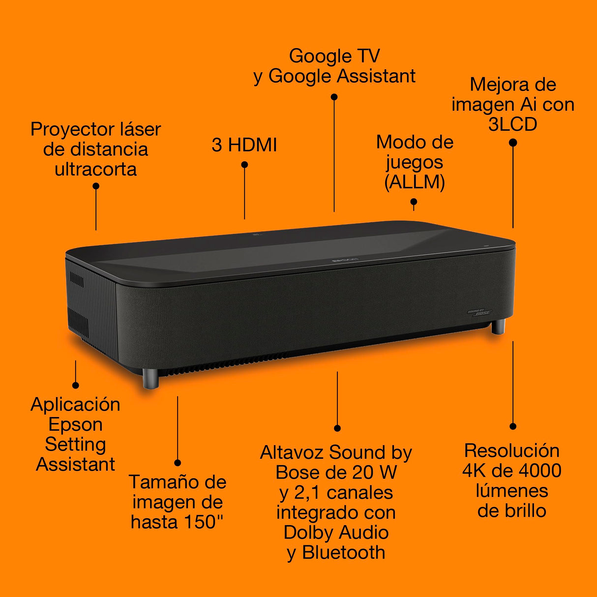 Epson Lifestudio Grand Plus EH‑LS970B | Proyector TV Láser de Ultracorto Alcance | Cine en Casa 4K | 4.000 Lúmenes | Imagen IA | Sonido BOSE | GoogleTV | Pantalla 150 Pulgadas | Garantia5 Años | Negro