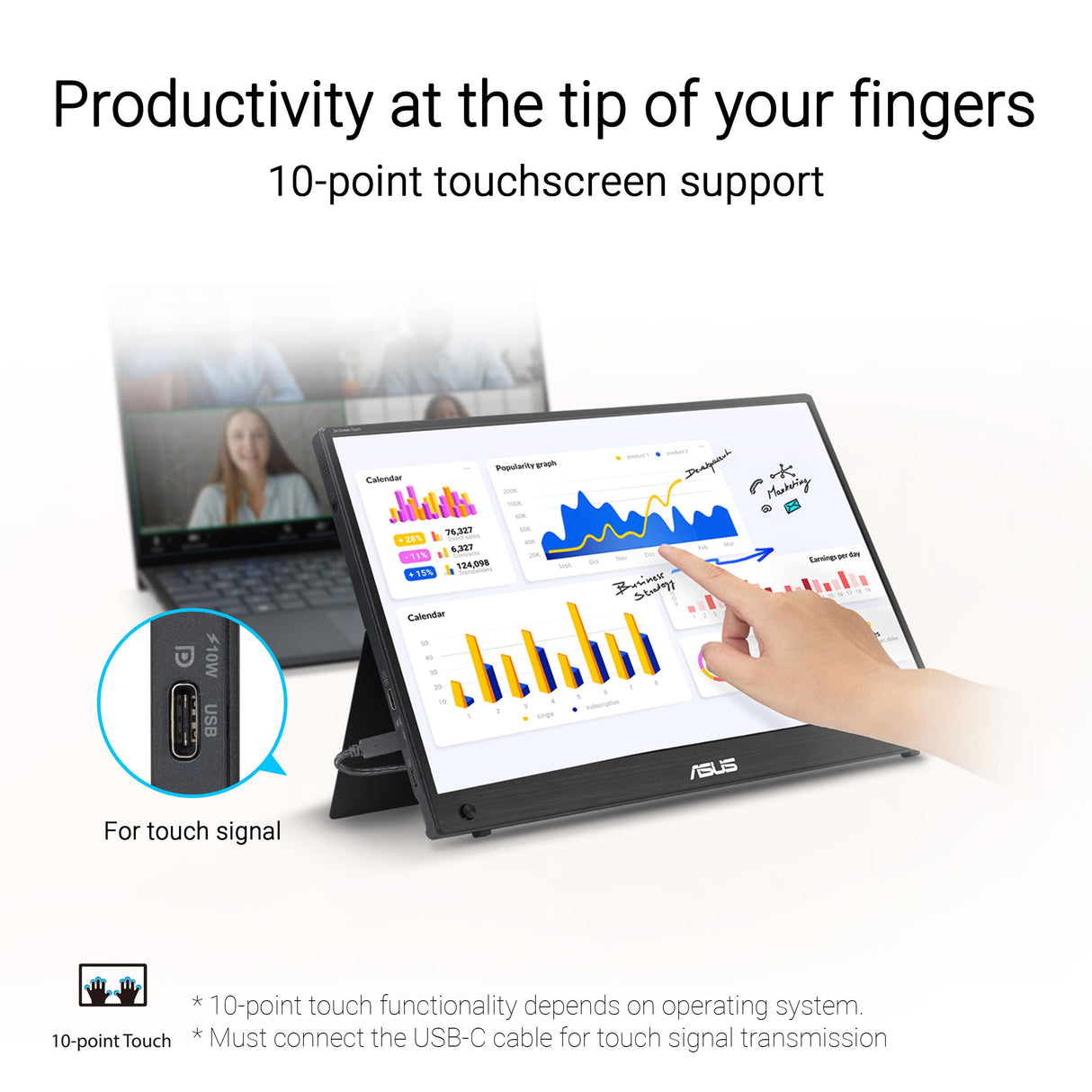 ASUS ZenScreen Touch MB16AMTR Monitor USB portátil de 15.6 Pulgadas, FHD (1920 x 1080), IPS, táctil, batería integrada, señal híbrida, Mini-HDMI, Toma para trípode, Flicker Free, Low Blue Light