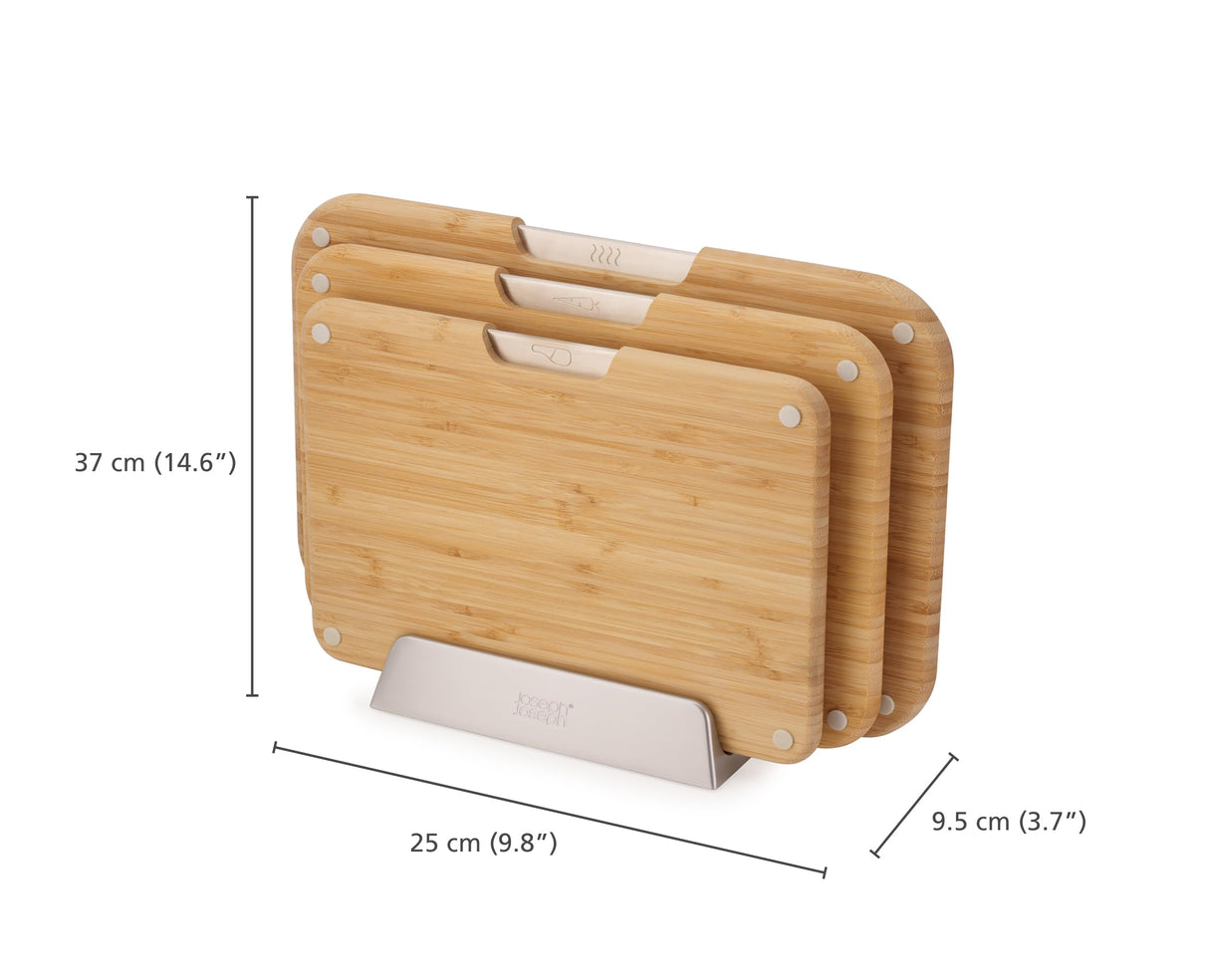 Joseph Joseph Nest™ Juego de 3 Tablas de Cortar de Bambú, Doble Cara, Antideslizantes, Iconos de Alimentos, Soporte de Metal