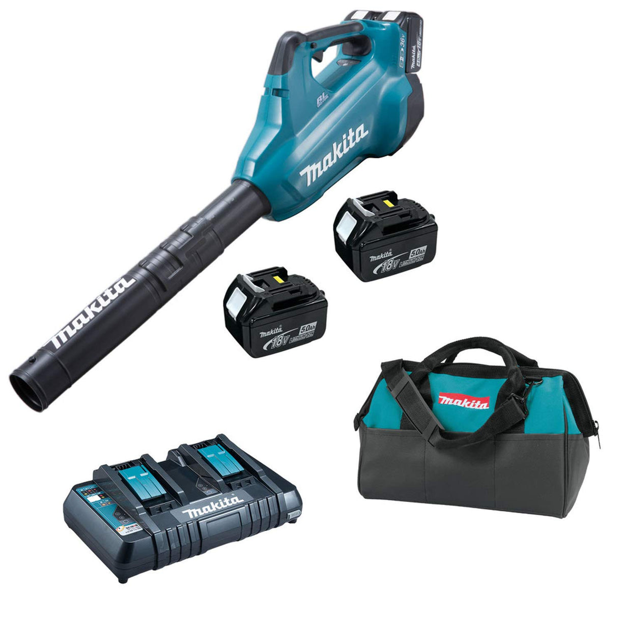 Makita Soplador 36V => 2 x 18V Li-Ion 5Ah (4 baterías), Negro, Azul, Dub362pt4