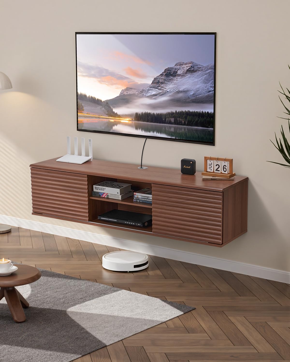 VEVOR Mueble de TV en la Pared, Estante Flotante para TV 1520 x 390 x 368 mm con Estante Ajustable y Puertas Correderas para Reproductor de DVD, Decodificador de Cable, Carga de 52 kg, Nogal