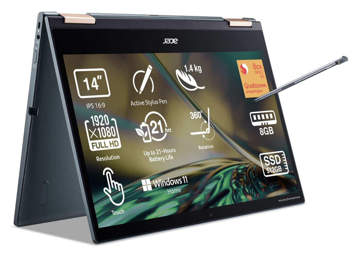 Acer Spin 7 SP714-61NA-S79F - Ordenador Portátil Convertible 14" FullHD (Qualcomm Kryo 495, 8GB RAM, 512GB SSD, Qualcomm Adreno 685, Windows 11 Home) Azul - Teclado QWERTY Español
