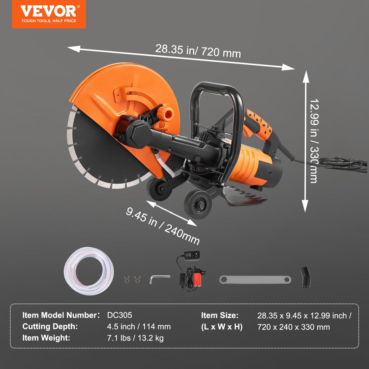 VEVOR Sierra Eléctrica para Hormigón 305mm 2800W Sierra Circular de Alta Potencia Profundidad de Corte de 114mm Sierra de Disco Húmeda/Seca con Tubería de Agua Bomba de Agua Hoja para Piedra Ladrillo