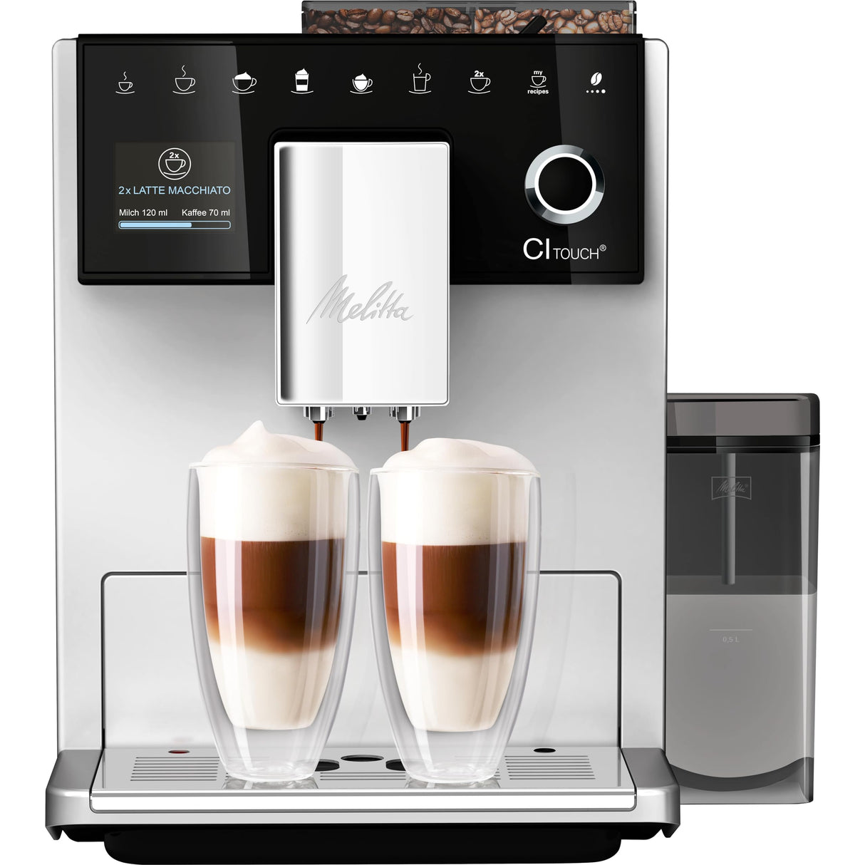 Melitta CI Touch (F630-111) - Cafetera automática con sistema de leche, recipiente para granos de dos cámaras, pantalla One Touch, grosor del café ajustable en 4 niveles, color plateado