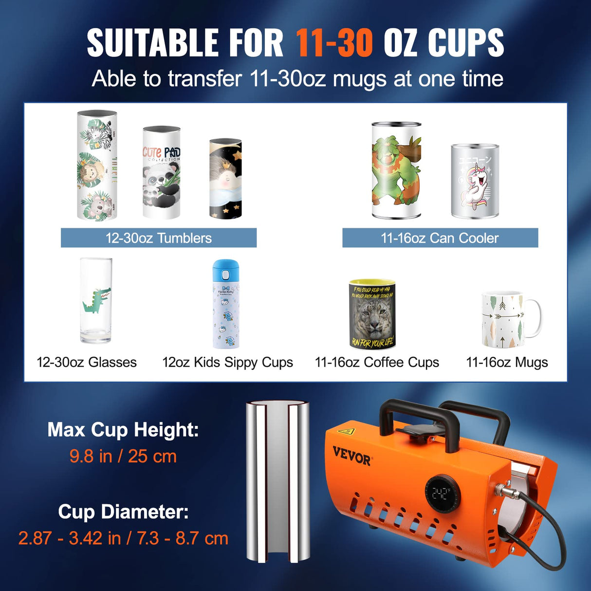 VEVOR Prensa Térmica para Tazas de 11-30 oz Prensa para Tazas Vasos 620 W Máquina de Impresión de Transferencia 23,5 x 11,5 x 1 cm con Guantes Resistentes al Calor y Cinta DIY Tazas de Cerámica Vasos