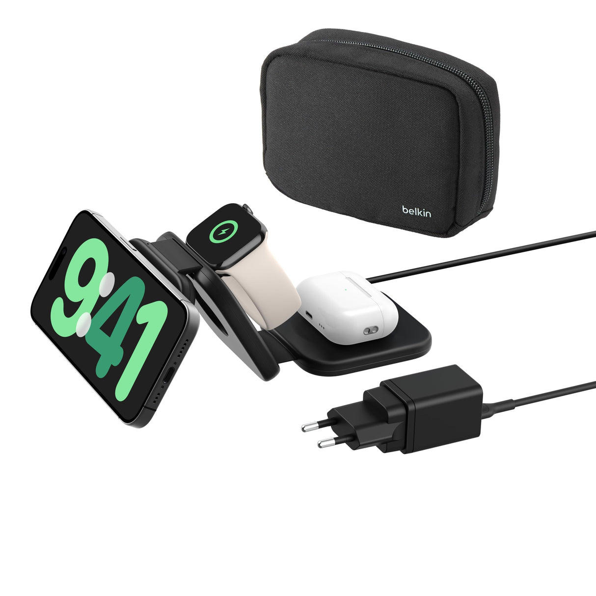 Belkin BoostCharge Pro Cargador inalámbrico Plegable 3 en 1 Qi2, Base de Carga magnética de Viaje 15 W, Soporte de Carga portátil con MagSafe para iPhone 16, 15, 14, Apple Watch 10 y AirPods