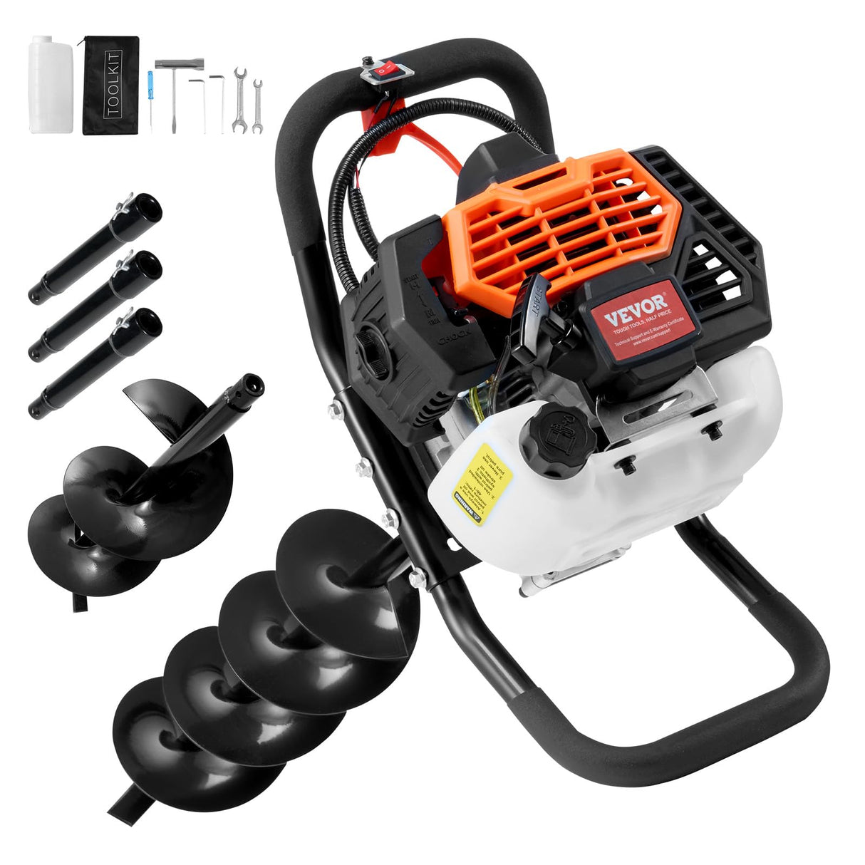 VEVOR 1450 W Perforadora de Postes a Gasolina de 52 cc Excavadora de Postes a Gas con Brocas de 150 y 250 mm y 3 Varillas de Extensión para Postes de Cercas Y Plantas de Jardín, Naranja y Negro