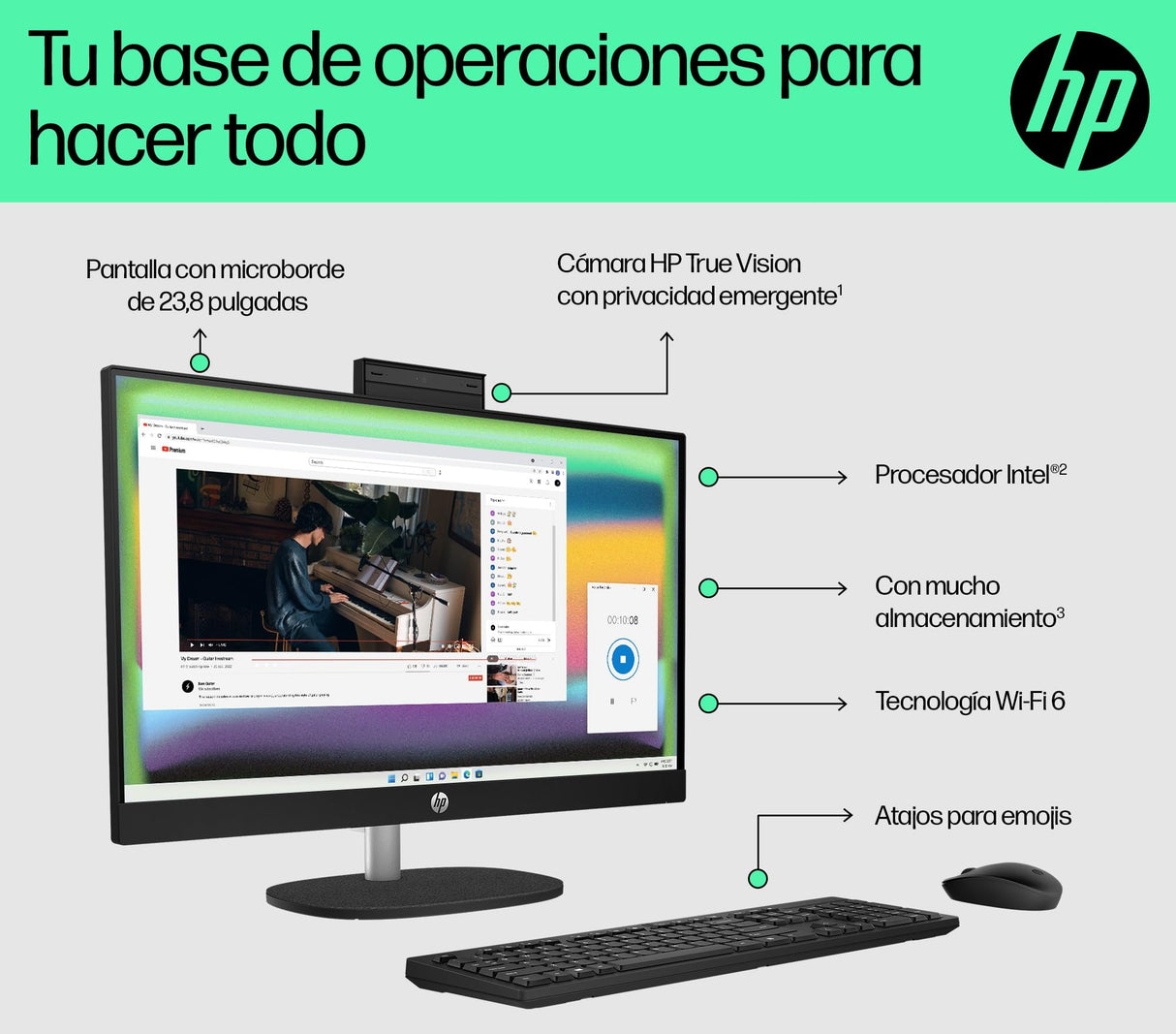 HP All-in-One 24-cr0101ns - Ordenador de sobremesa de 23,8" FHD (Intel Core i3-N300, 8GB RAM, 512GB SSD, Intel UHD Graphics, Windows) Black - Teclado QWERTY Español