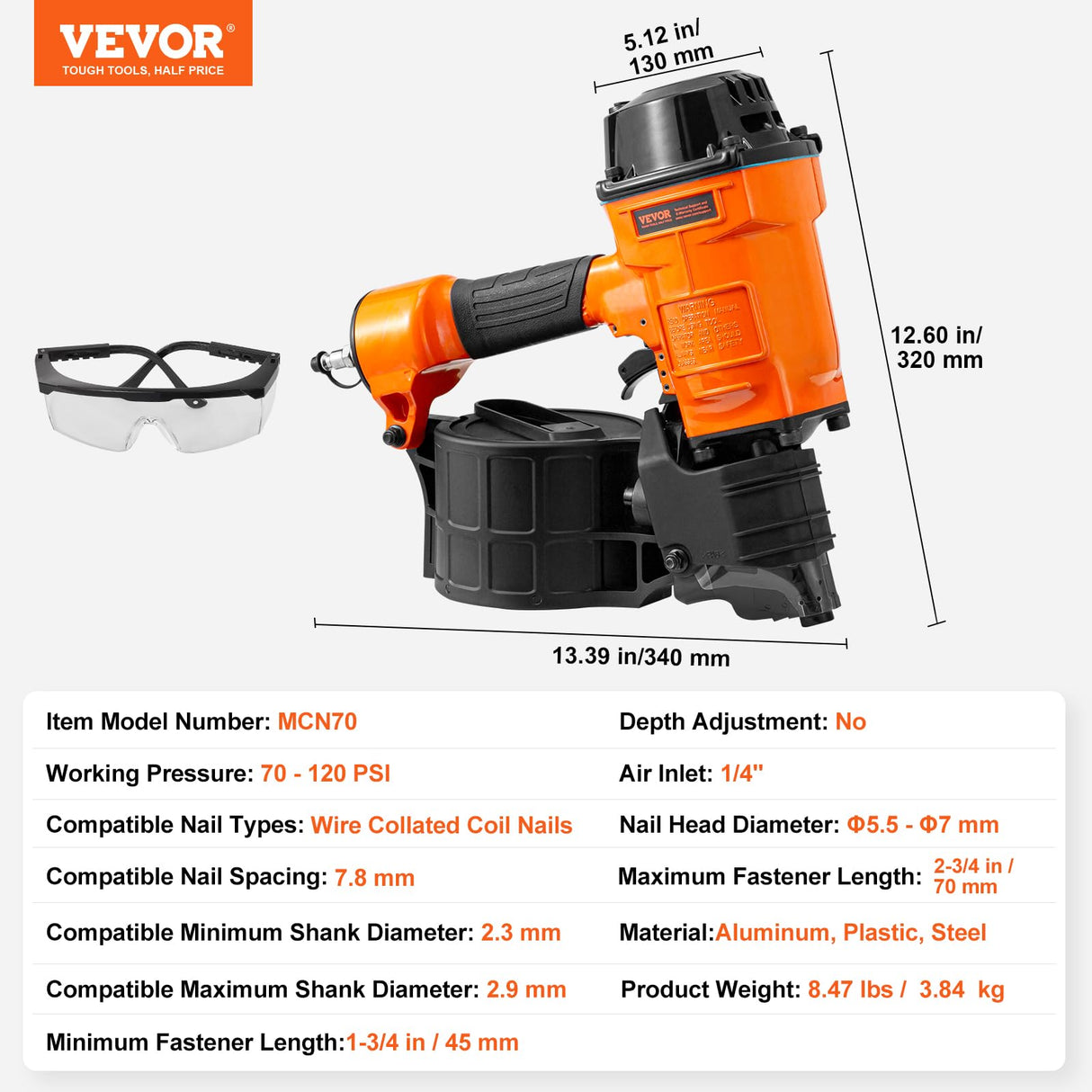 VEVOR Clavadora de Bobinas para Revestimiento MCN70, 45 a 70 mm de 15 Grados, Clavadora de Bobinas de Aire de 70-120 PSI para Palés, Cajas, Marcos, Revestimientos y Cercas, 340 x 320 x 130 mm