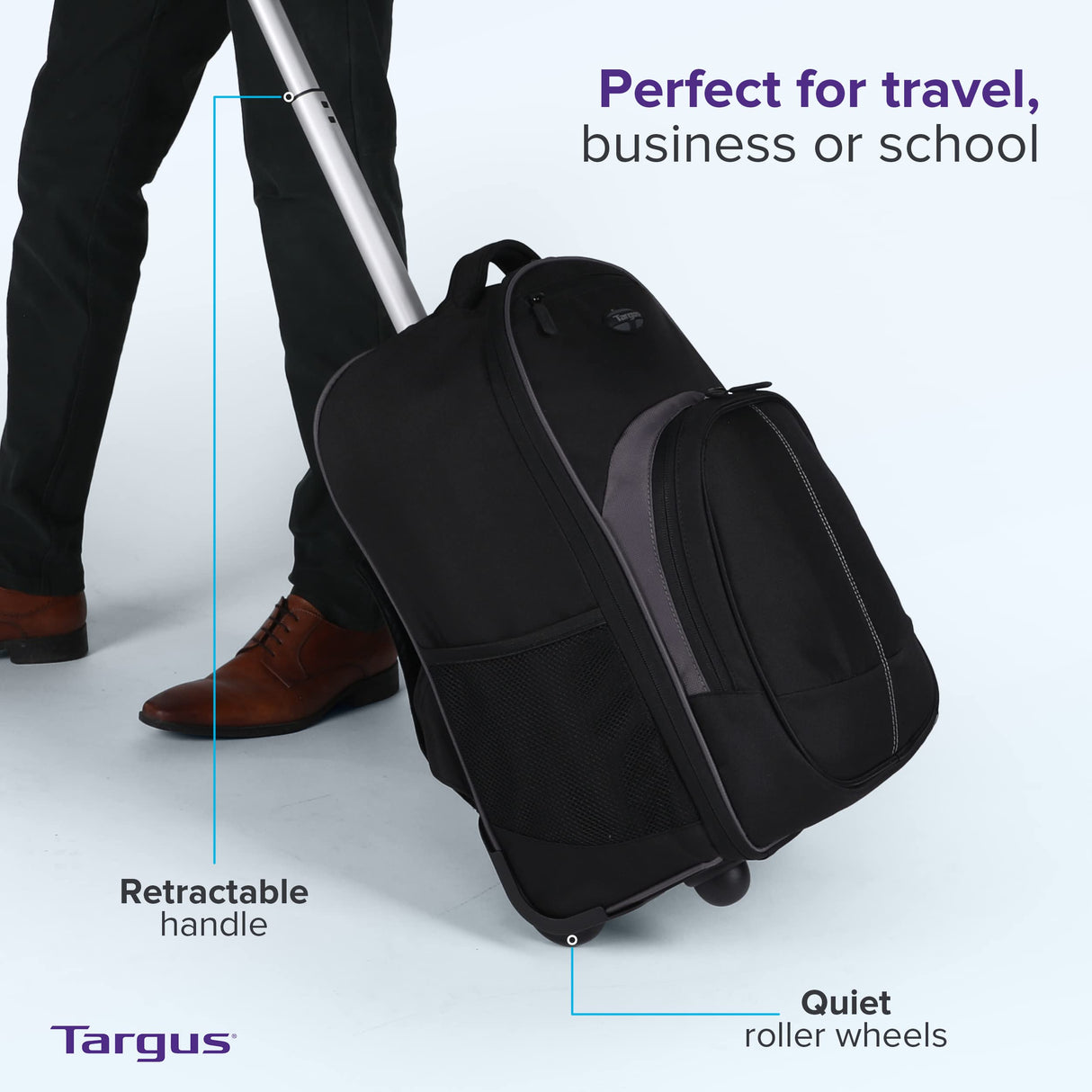 Targus Mochila compacta con ruedas para negocios, estudiantes universitarios y viajes, material duradero, bolsillo para tableta, funda protectora extraíble para laptop de 16 pulgadas, color negro