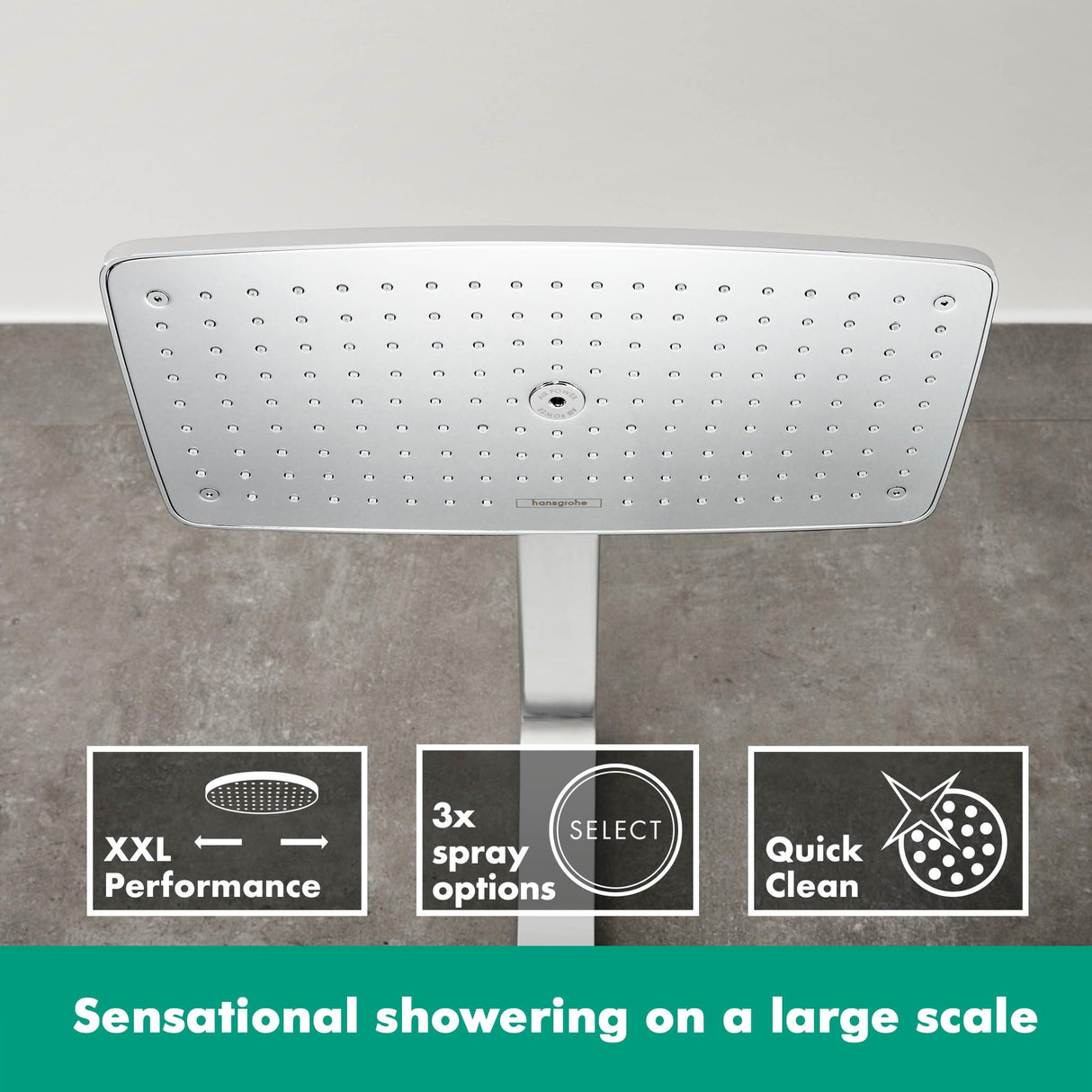 hansgrohe Raindance E - sistema de ducha con termostato, ducha lluvia (360 x 190 mm) con grifo, ducha de mano (2 tipos de chorro), flexo, barra, ducha fija rectangular, cromo, 27112000