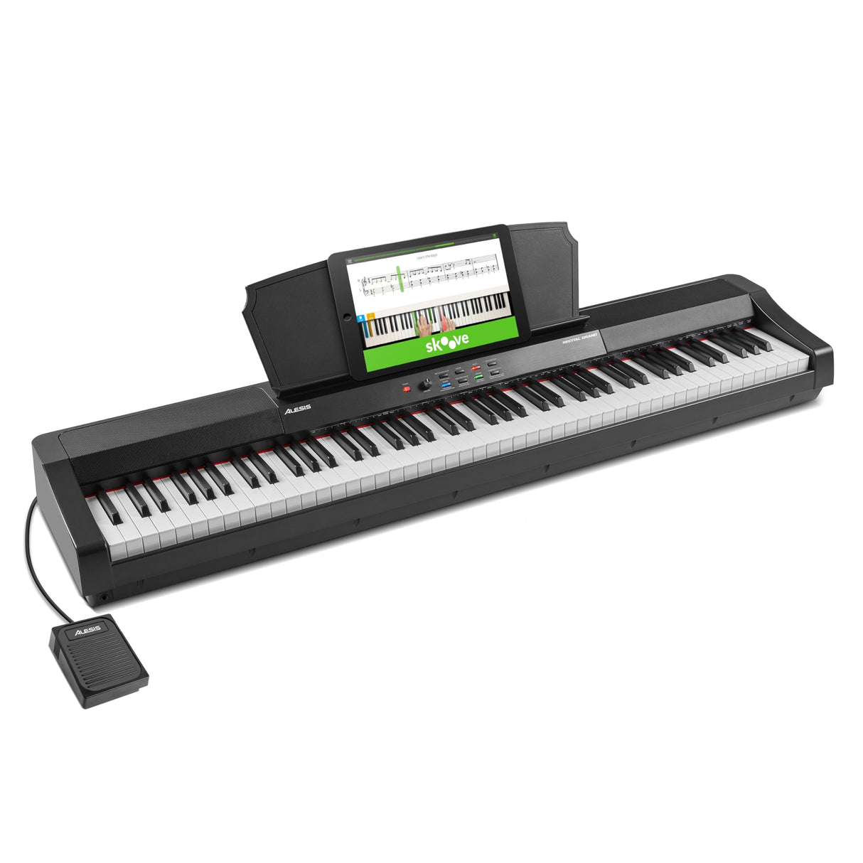 Alesis Recital Grand Piano Eléctrico 88 Teclas Contrapesadas de Acción Martillo con Altavoces, Lecciones de Piano, Metrónomo y 16 Kits de Sonidos