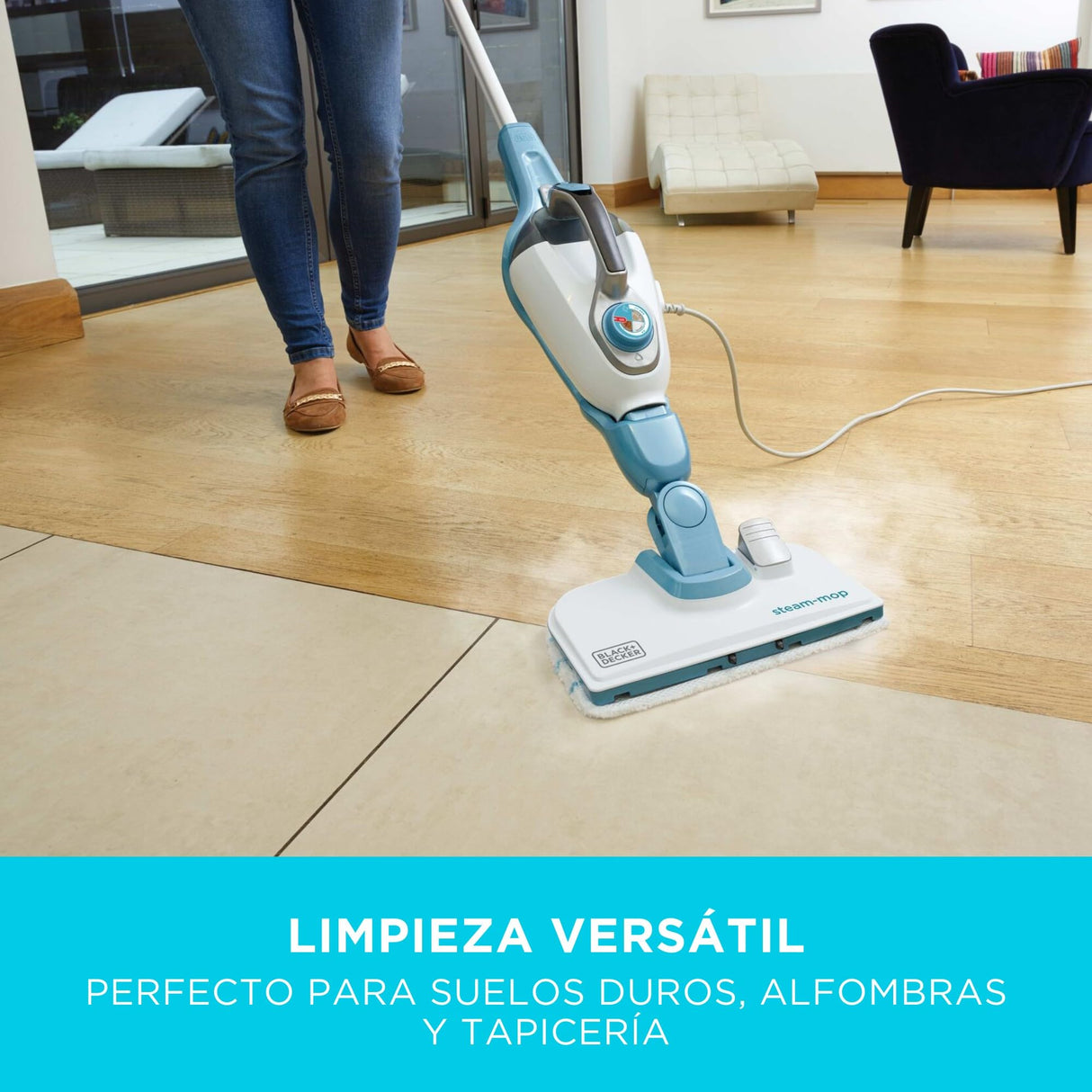 BLACK+DECKER Mopa a Vapor con Cable 1300W 12 Accesorios, Blanco/Azul Cielo, FSMH1321JSM-QS