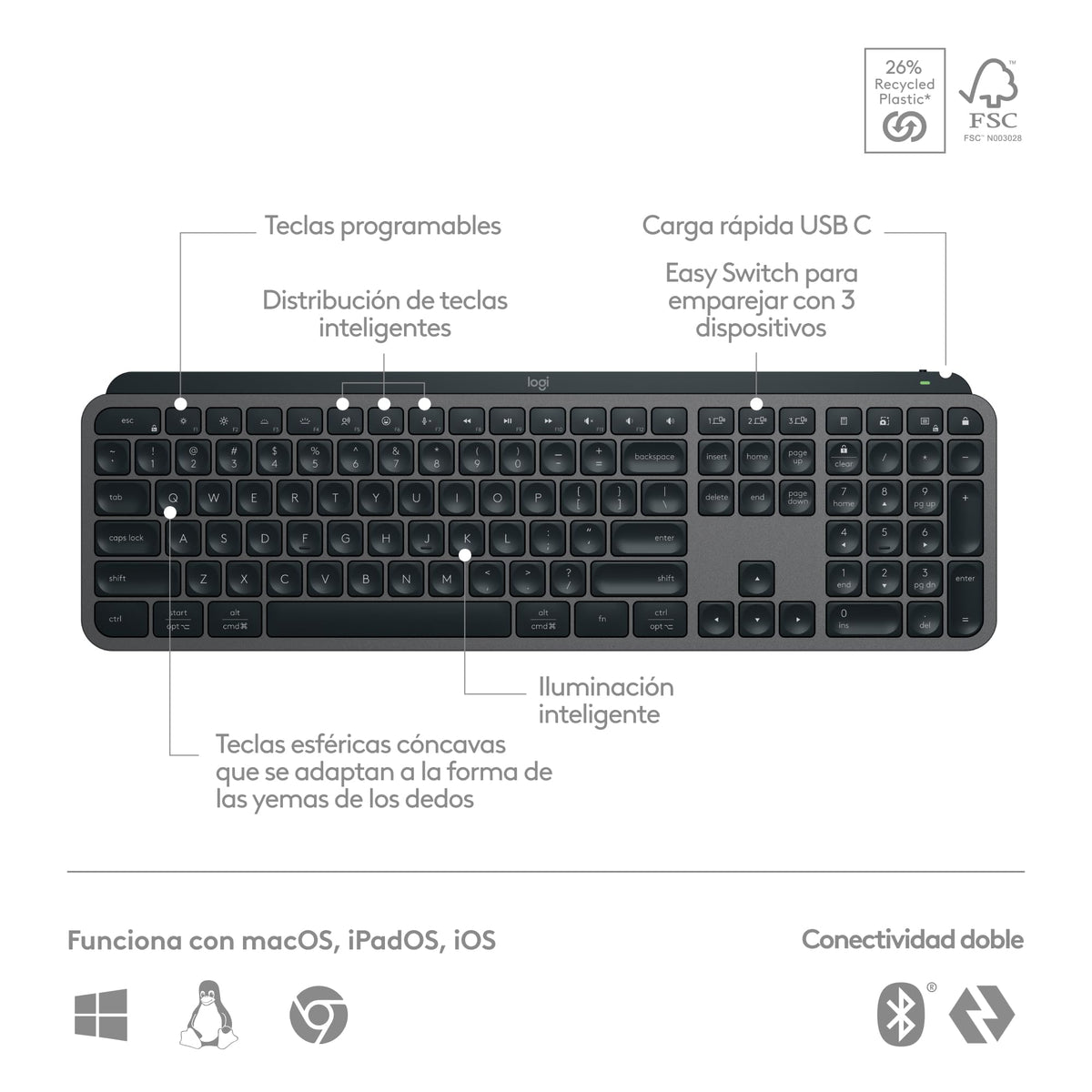 Logitech MX Keys S Plus - Grafito, Disposición QWERTY US Internacional