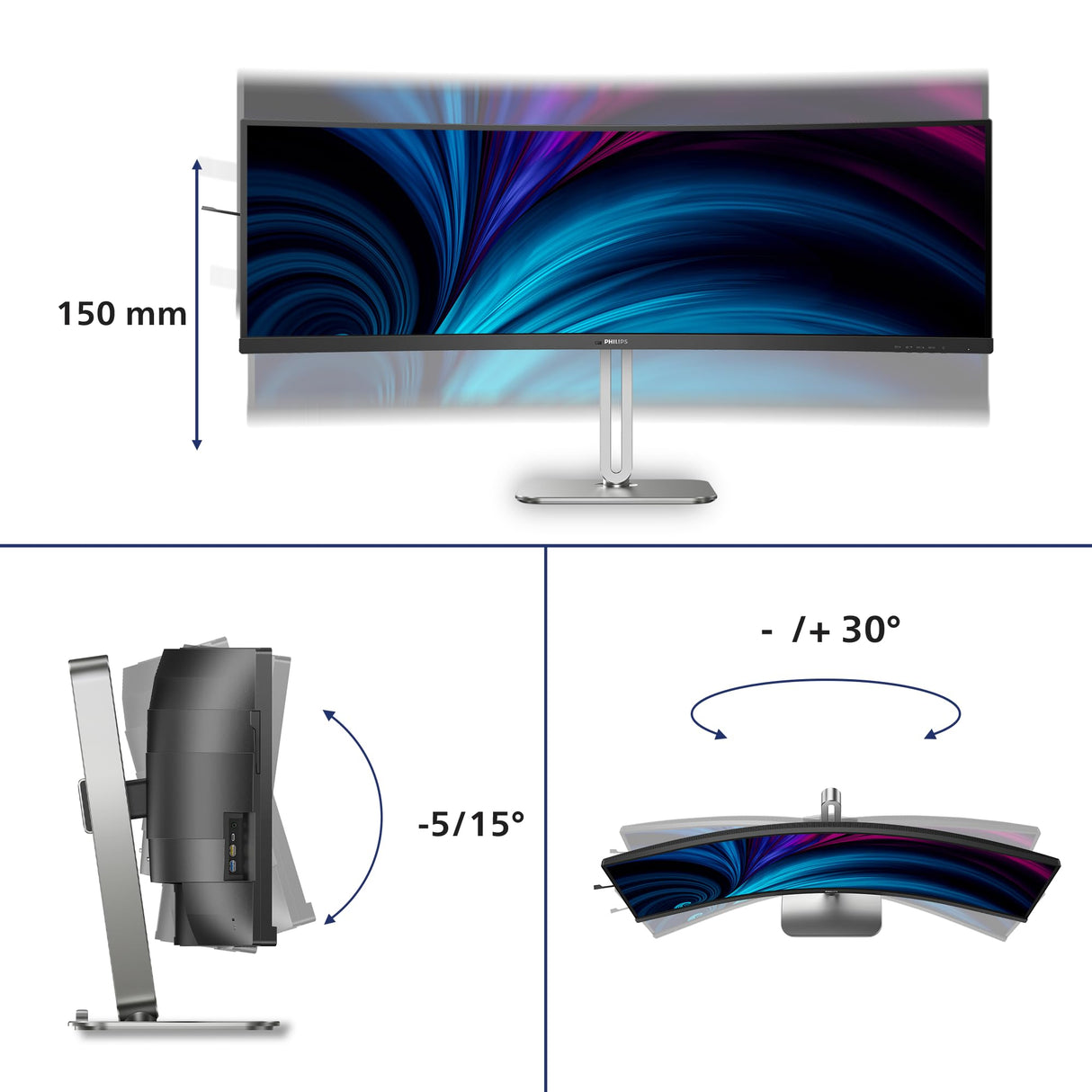 Philips 49B2U5900C - Monitor 49 Pulgadas DQHD Curvo, 75Hz, VA, 4 ms GtG, Adaptive Sync., HDR400, Altura Ajustable, Altavoces (5120x1440, 2X HDMI 2.0, DP 1.4, USB-C, USB-Hub), Gris Oscuro
