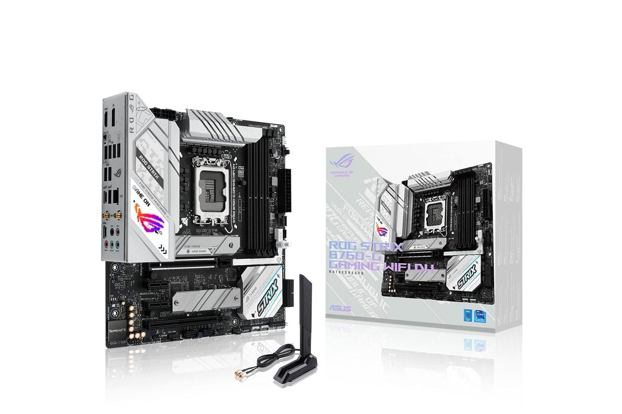 ASUS Placa base ROG STRIX B760-G GAMING WIFI D4 Intel® B760 LGA 1700 mATX, ranura segura PCIe 5.0 x16, 2 ranuras PCIe 4.0 M.2, WiFi 6E, Ethernet 2.5G, USB 3.2 Gen 2x2 Type-C®, Aura Sync RGB, blanca