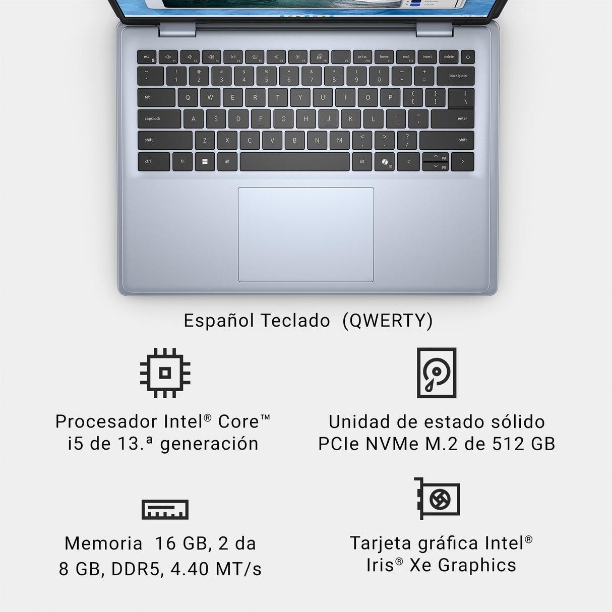 Dell Inspiron 14 5440 Ordenador Portátil de 14" FHD+, Intel Core i5-1334U, Intel Iris Xe Graphics, 16GB RAM, 512GB SSD, Fingerprint Reader, Windows 11, Teclado retroiluminado QWERTY Español, Ice Blue