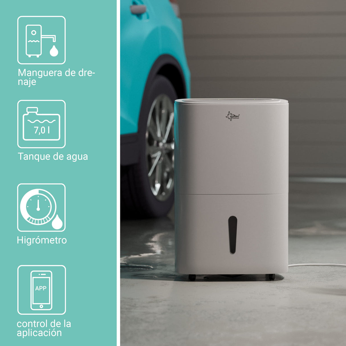 Deshumidificador SUNTEC DryFix 50 select APP - Para habitaciones de hasta 180 m2 o 450 m3 - con control por app - Deshumidificador de habitaciones Smart Home con deshumidificación de 50 l/día