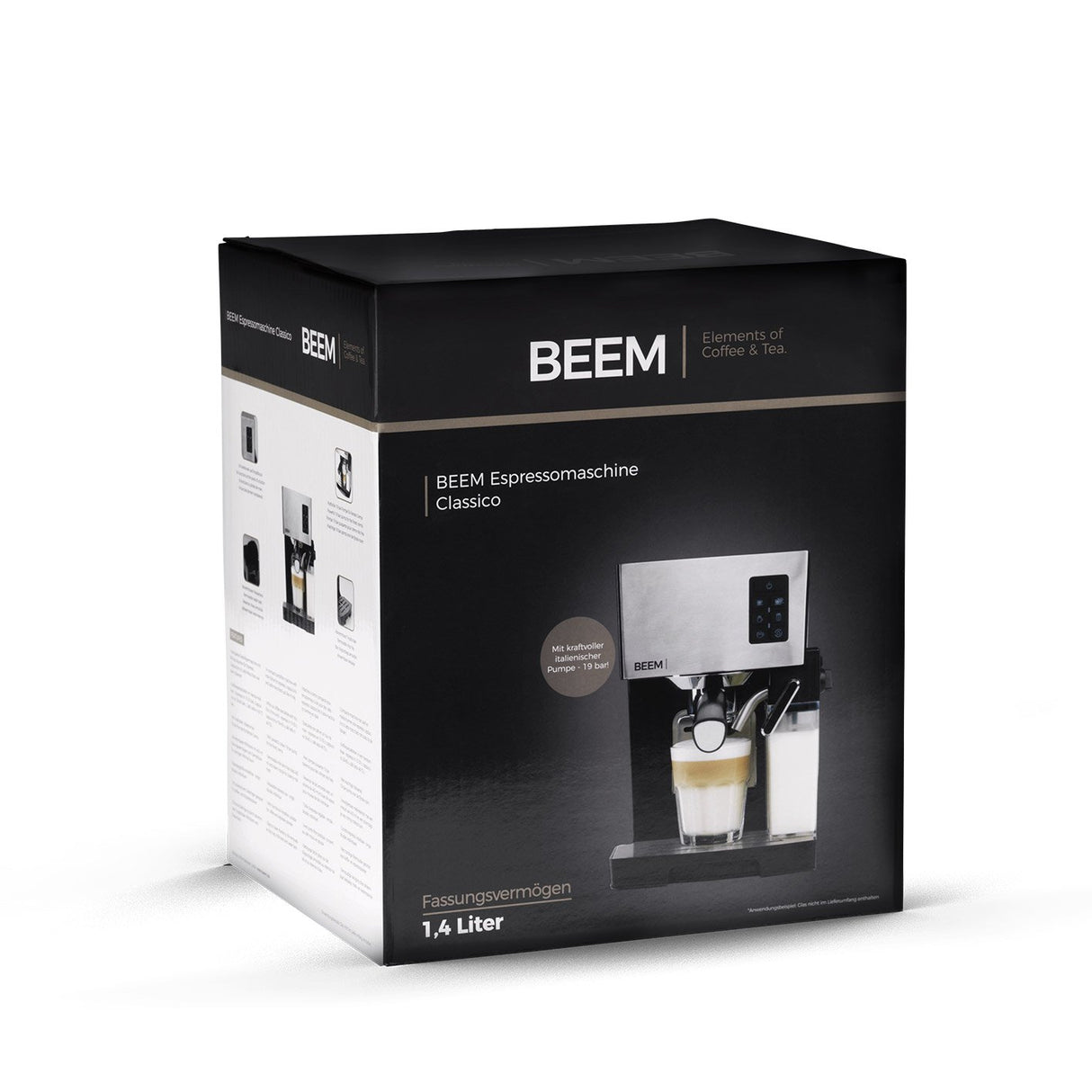 BEEM CLASSICO Máquina portafiltros de espresso - 19 bar | Plata | Depósito de leche integrado y boquilla de vapor | Depósito de agua extraíble | 1450 W