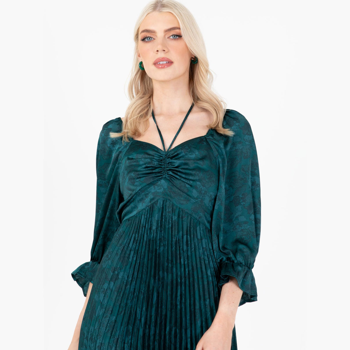 Lovedrobe Women's Midaxi Dress Ladies Emerald Green Pleated Empire A-Line High Waist Tie Neck Wedding Guest Cocktail Evening Prom Vestido, 40 para Mujer