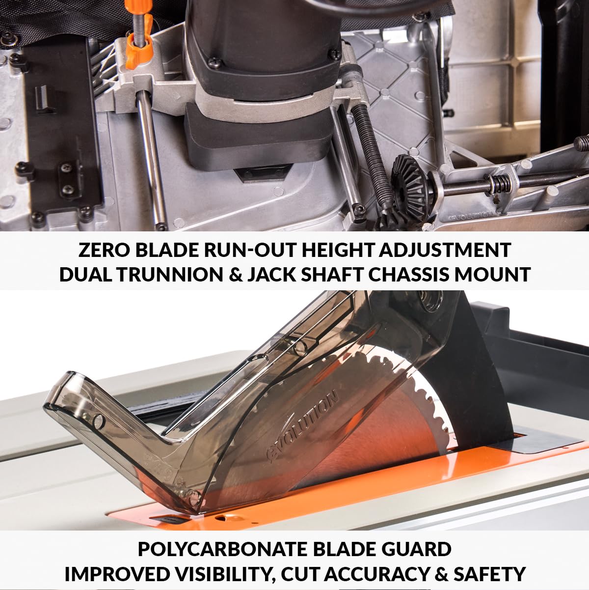 Evolution Power Tools R255TBL+ Sierra De Mesa (Próxima Generación Rage 5-S) Hoja De Corte Multimaterial Incluida Corta Madera Metal Plástico, Bisel 45˚, +/- 60˚ Ángulo De Inglete, 1800w