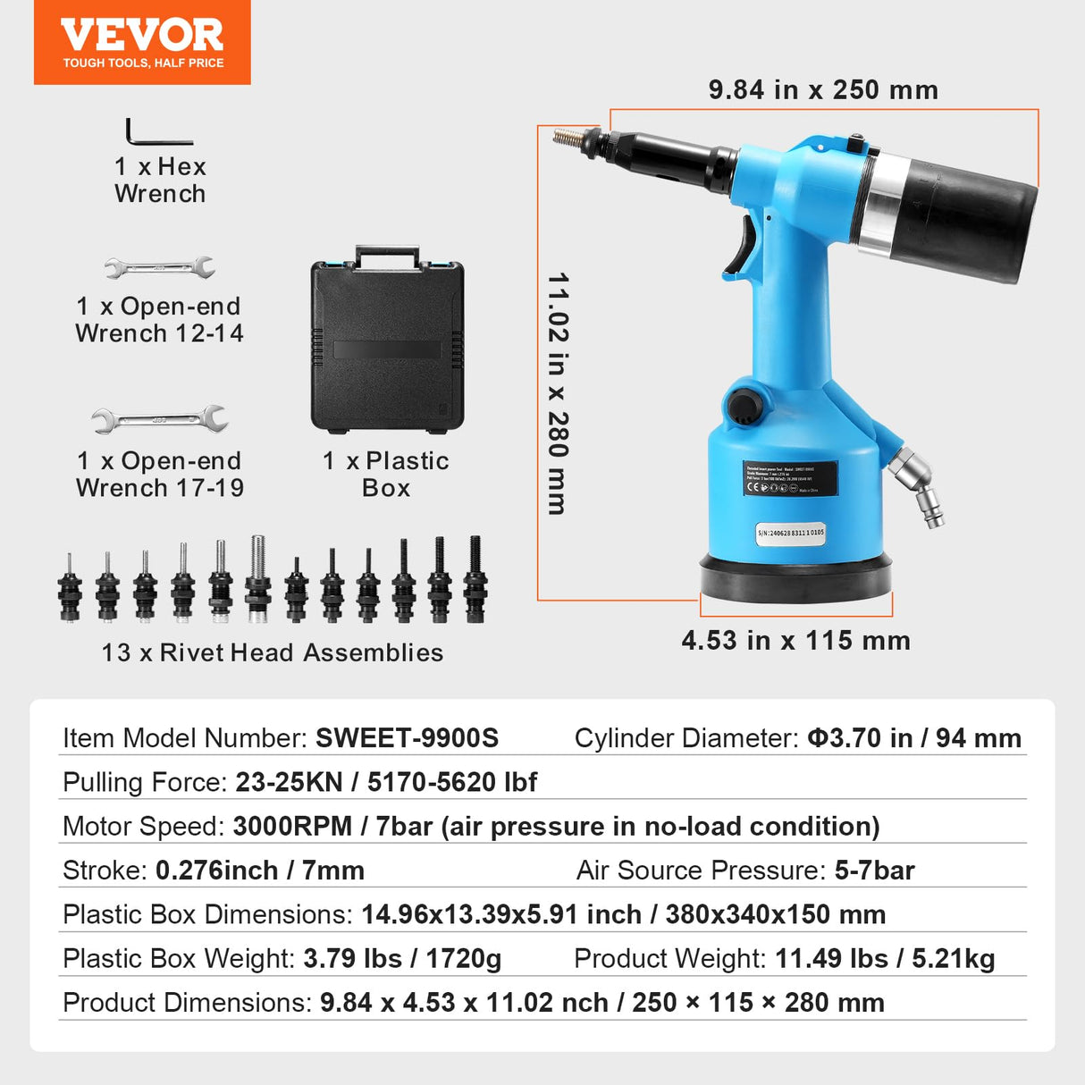 VEVOR Remachadora Neumática con Fuerza de Tracción de 20,2 KN, Alta Resistencia para Herramientas Mecánicas, Construcción, Mejoras en el Hogar, con 13 Piezas de Punta de Tamaño, 250 x 115 x 280 mm