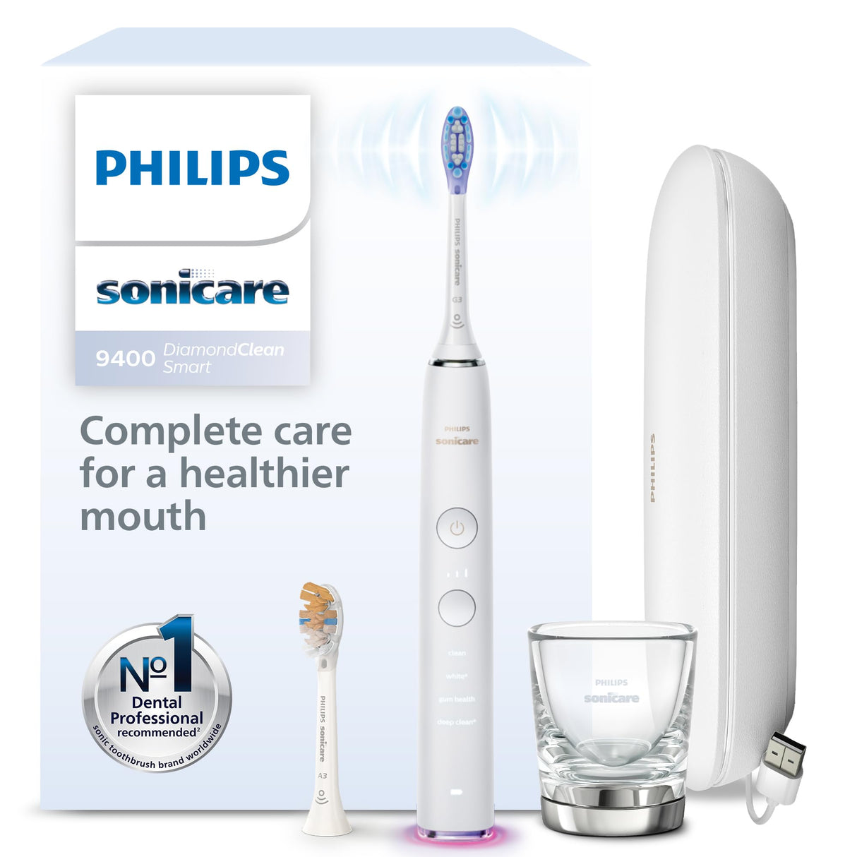 Philips Sonicare DiamondClean Smart 9400, cepillo dental eléctrico, con aplicación, sensor de presión, detección de cabezal de cepillado, blanco, modelo HX9917/88, Blanco, 2 Cabezales