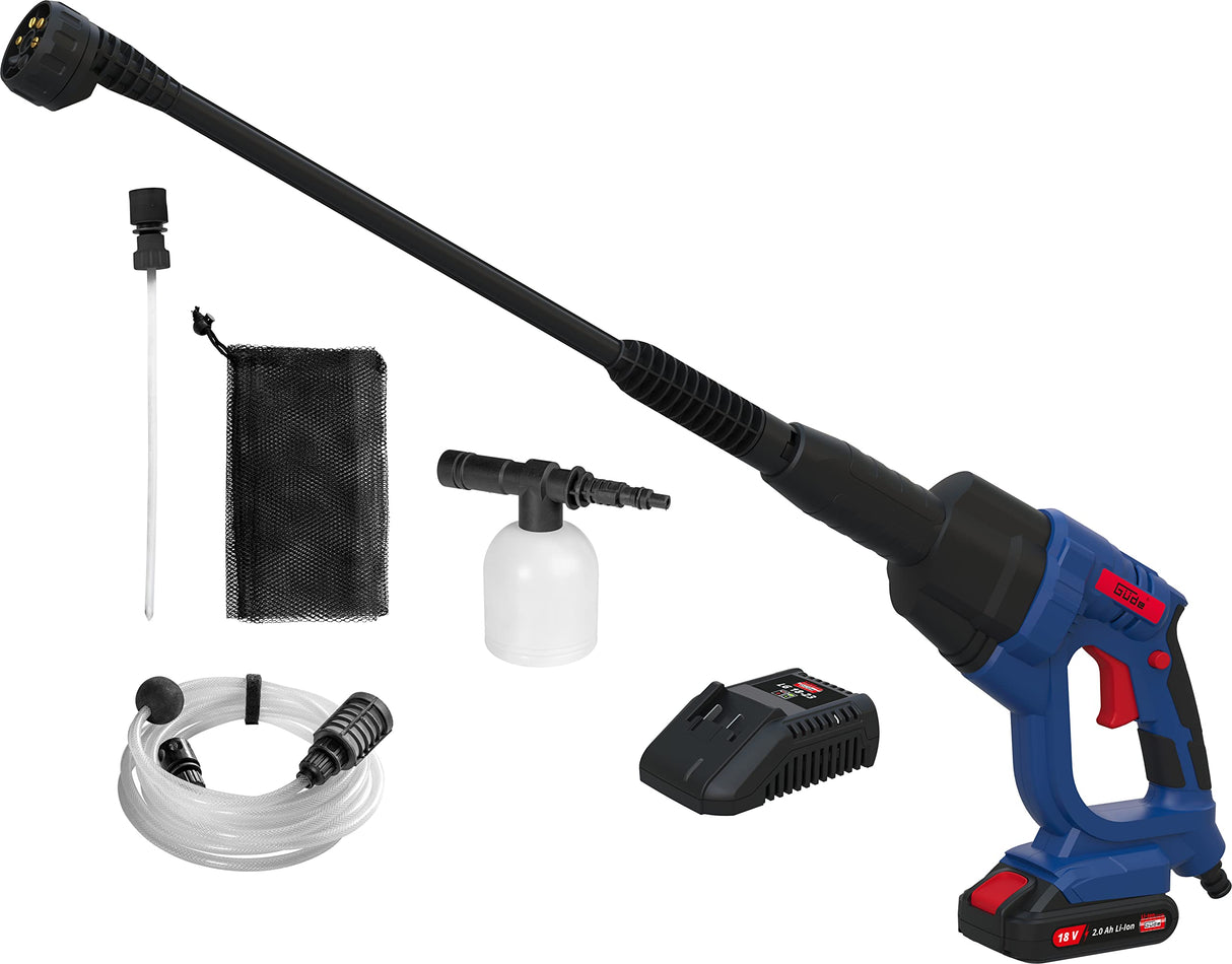Güde DR 18-201-23 - Limpiador a presión (18 V, Easy Energy Exchange, presión máxima de 22 Bar, 120 l/h de Volumen máximo, Boquilla multifunción de 6 vías, autocebante, Incluye batería de 2,0 Ah y